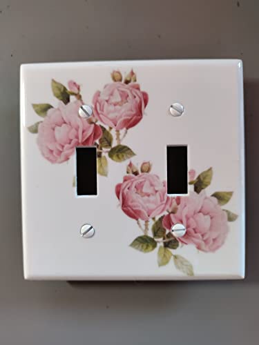 Double Toggle Light Switch Plate Cover - Light Pink Roses Floral Design | Decorative Wall Plate for Bedroom, Living Room & Nursery | Easy Installation Home Decor