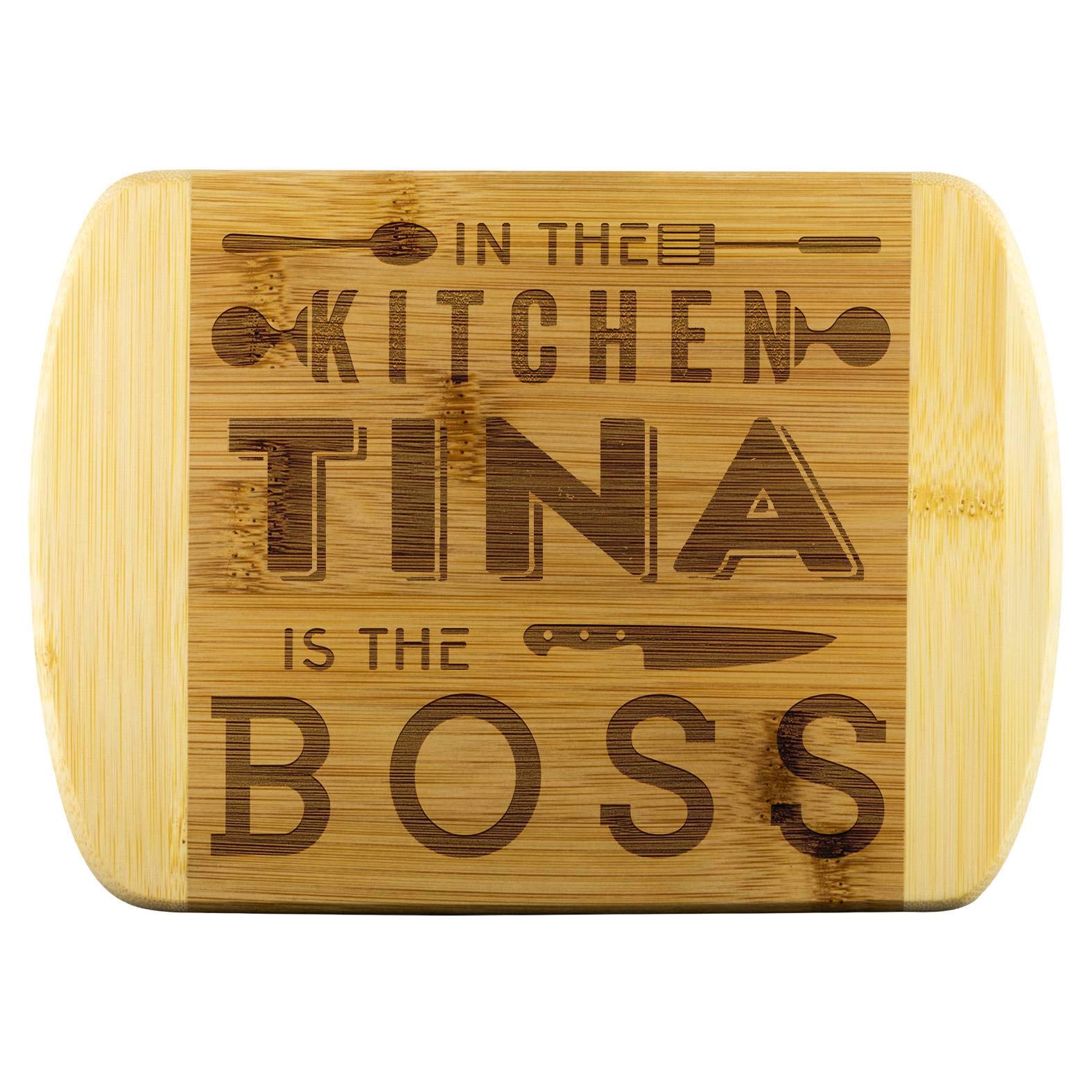 Funny Wooden Engraved Cutting Board - 'In The Kitchen Tina Is The Boss' - Unique Gift for Mom, Wedding, Bridal Shower, Anniversary & Housewarming - Perfect for Kitchen Decor & Cooking Enthusiasts