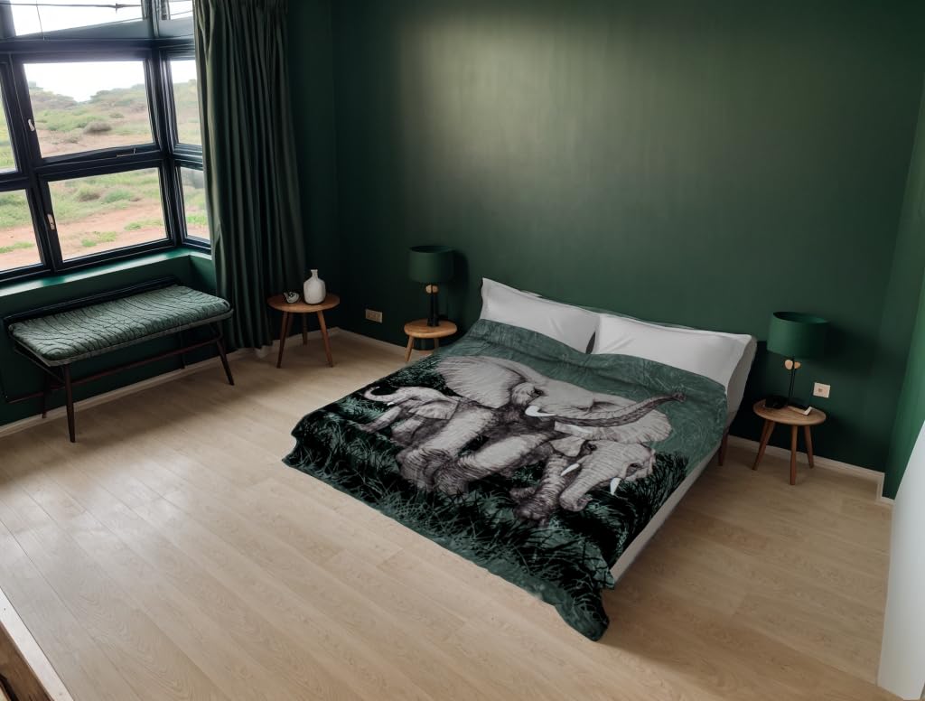 Solaron Elephant Queen Size Bed Blanket - Soft Green Floral Design for Cozy Bedroom Decor | Perfect for Master Bedroom, Guest Room & Dormitory