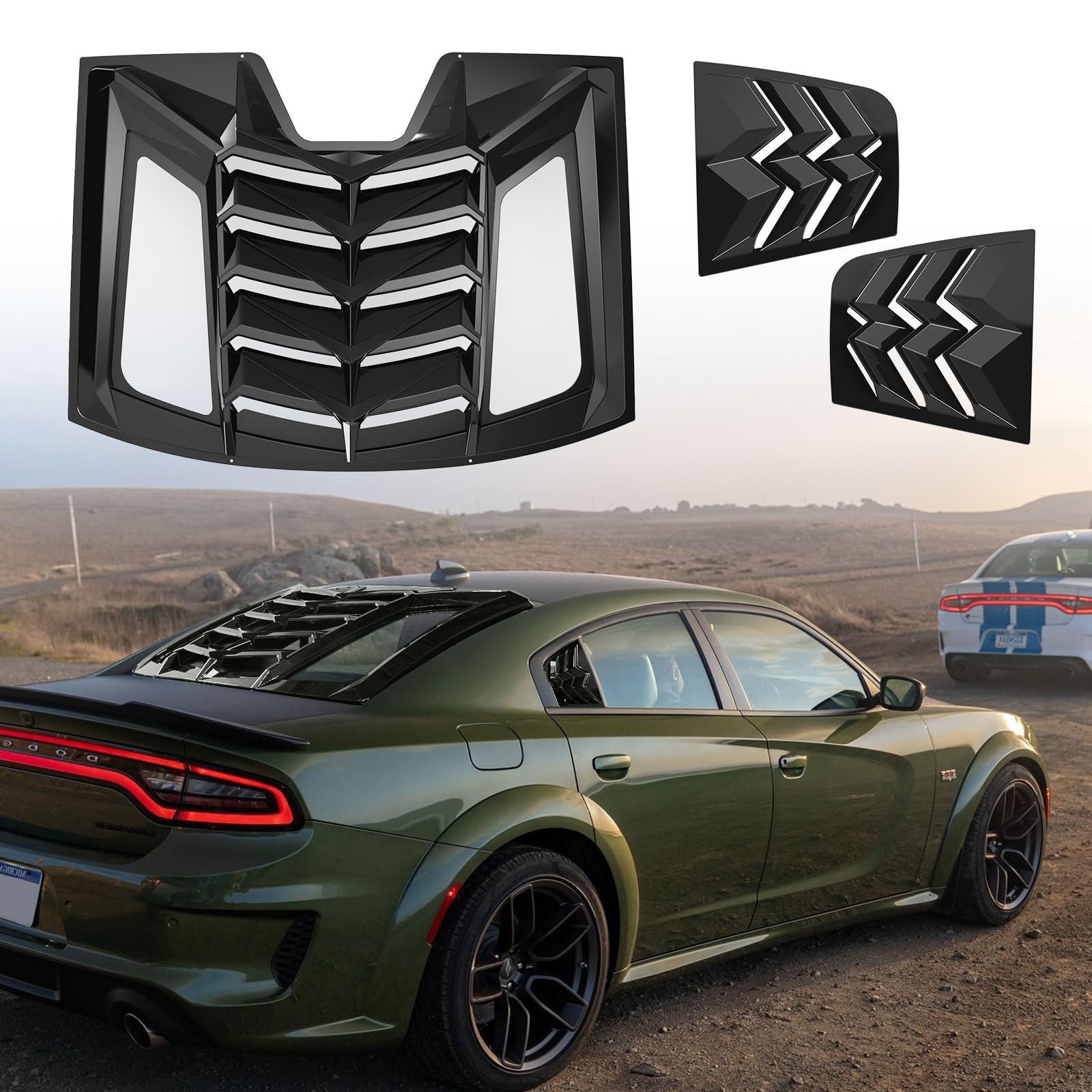Lambo Style ABS Window Louvers for Dodge Charger 2011-2023 - Rear & Side Windshield Sun Shade Cover Compatible with SXT/GT/R/T/Scat Pack/SRT Hellcat/Widebody/Redeye/Daytona - All Weather Protection (Bright Black) | Street Racing & Car Show Accessories