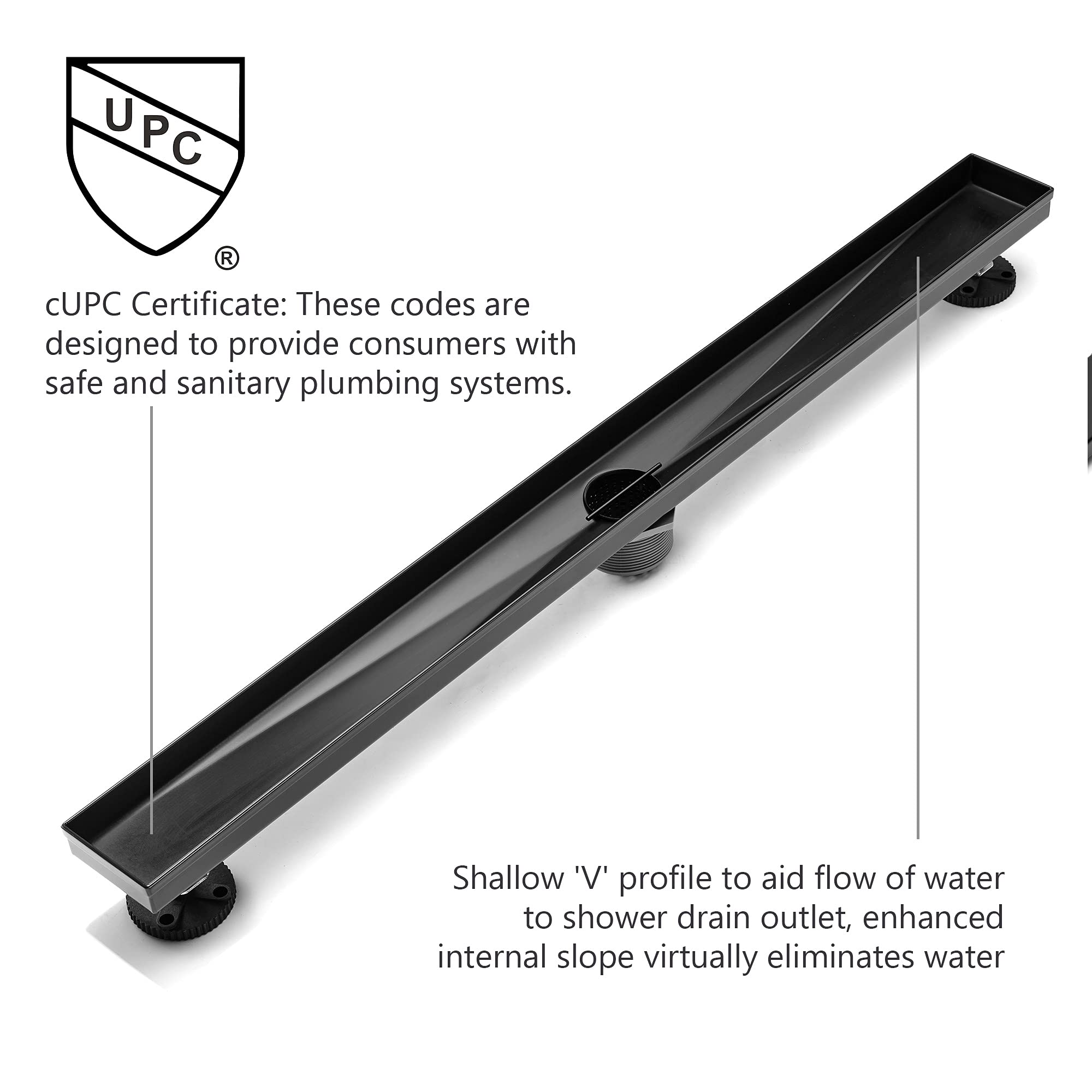 HEATGENE 36-Inch Linear Shower Drain - Stainless Steel Rectangle Shower Floor Drain with Removable Quadrato Pattern Grate & Hair Strainer - Matte Black - Perfect for Modern Bathroom & Wet Room Designs