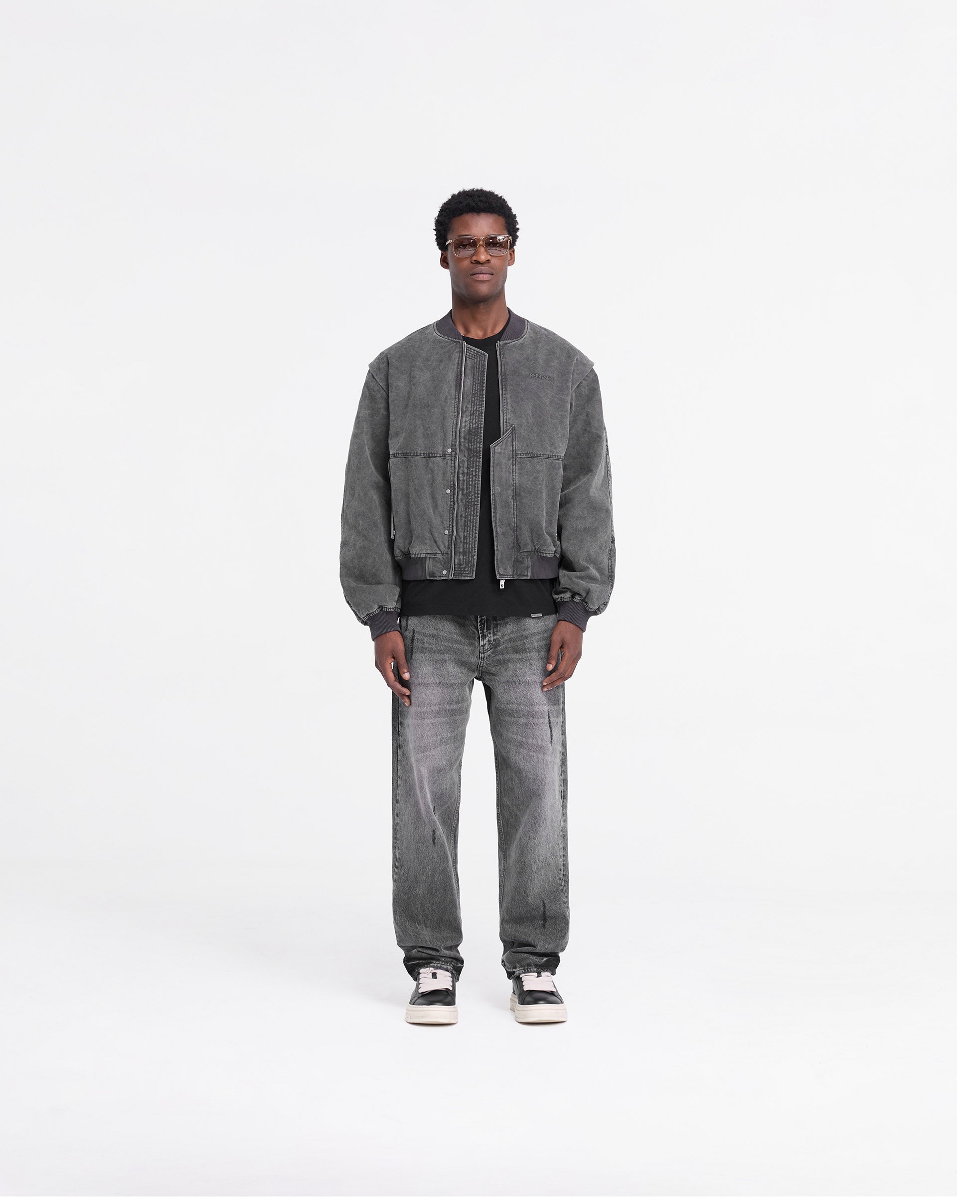 Stylish Inset Sleeve Bomber Jacket in Stained Black - Perfect for Casual Outings & Nightlife
