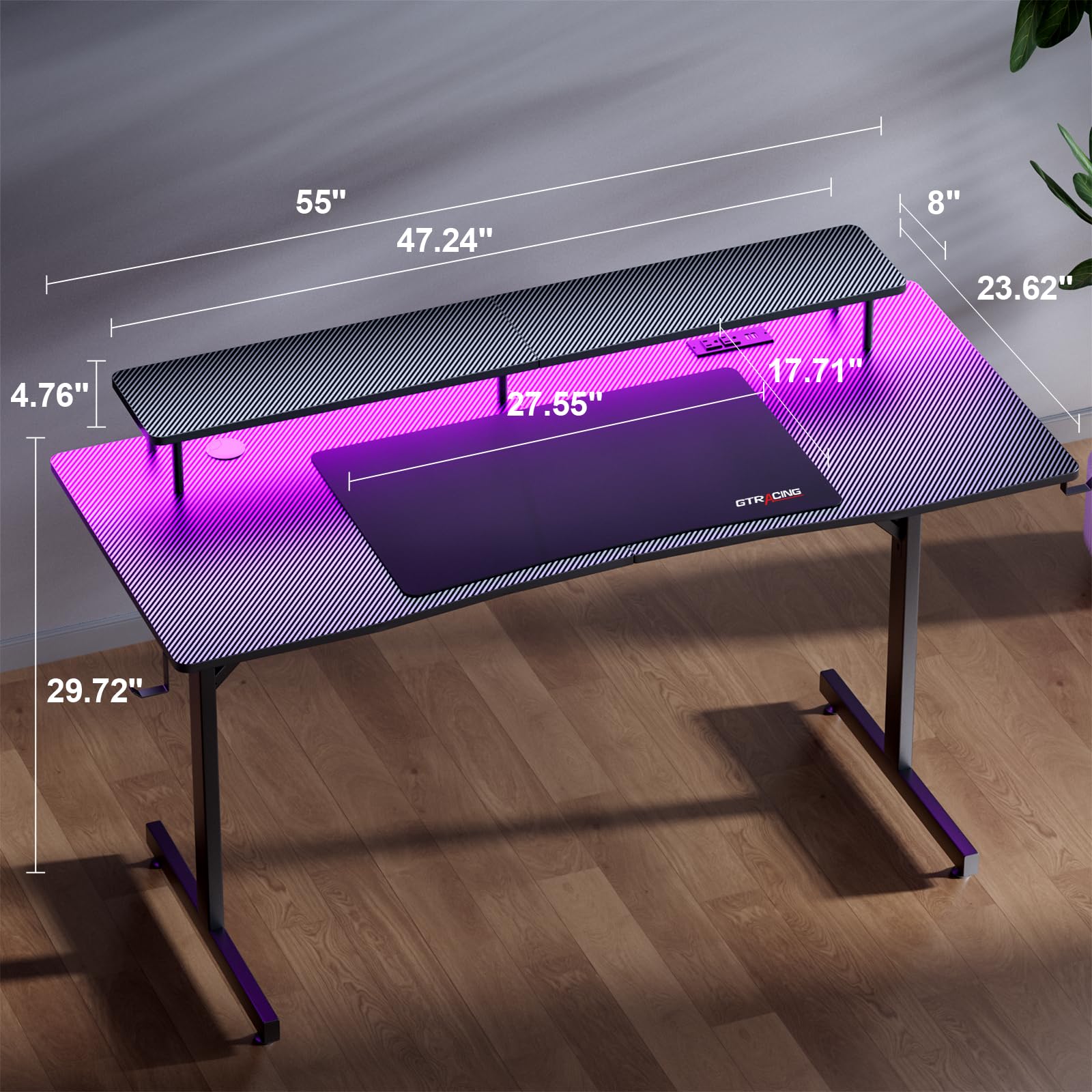 GTRACING 55 Inch LED Gaming Desk with Power Outlet & Monitor Stand - Ergonomic Carbon Fiber Computer Desk with Headphone Hook & Mouse Pad - Perfect for PC Gaming Setup, Home Office & Esports