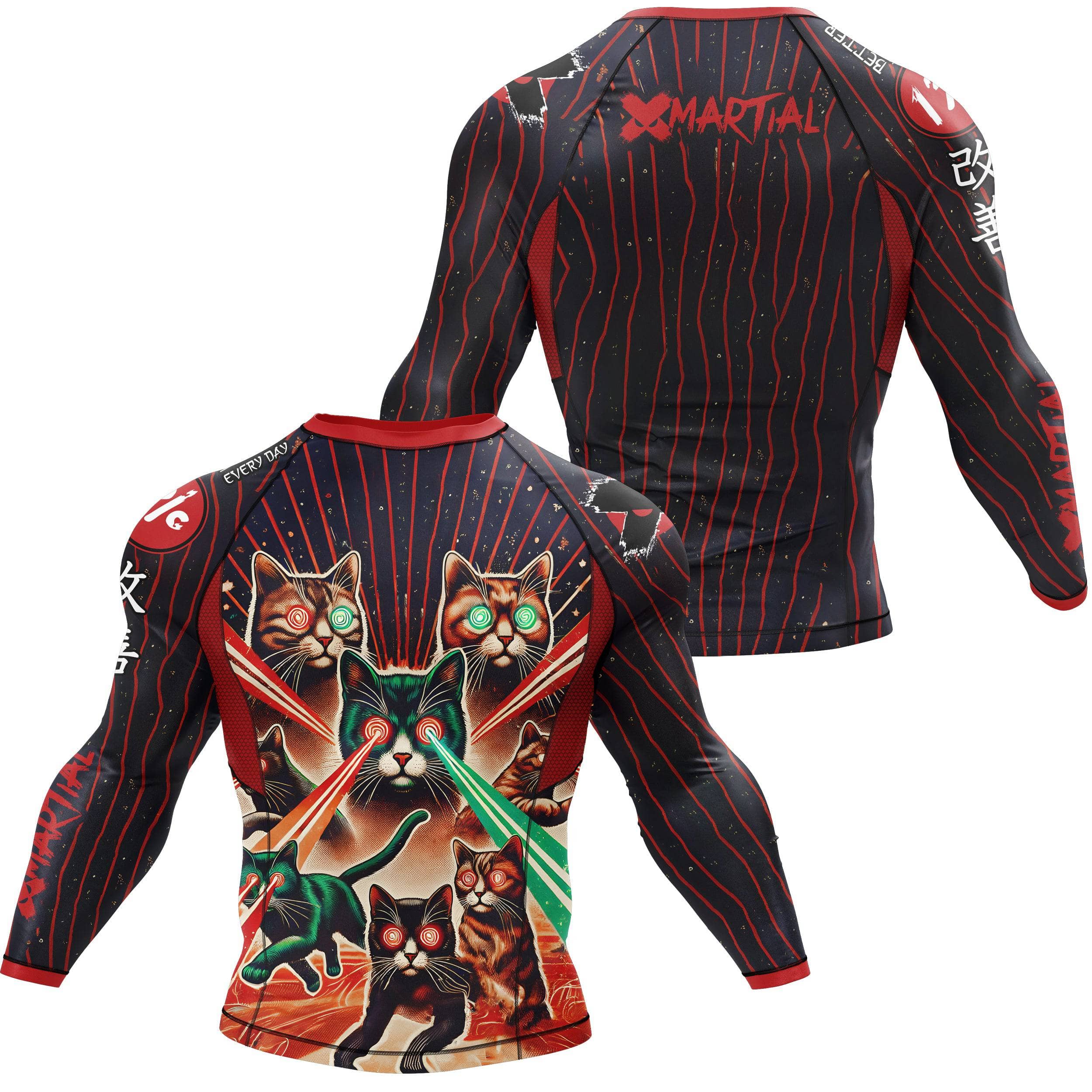 Cat Laser Eyes BJJ Rash Guard - Long Sleeve Compression Shirt for Brazilian Jiu-Jitsu Training & MMA - Perfect for Grappling, No-Gi, and Martial Arts Practice