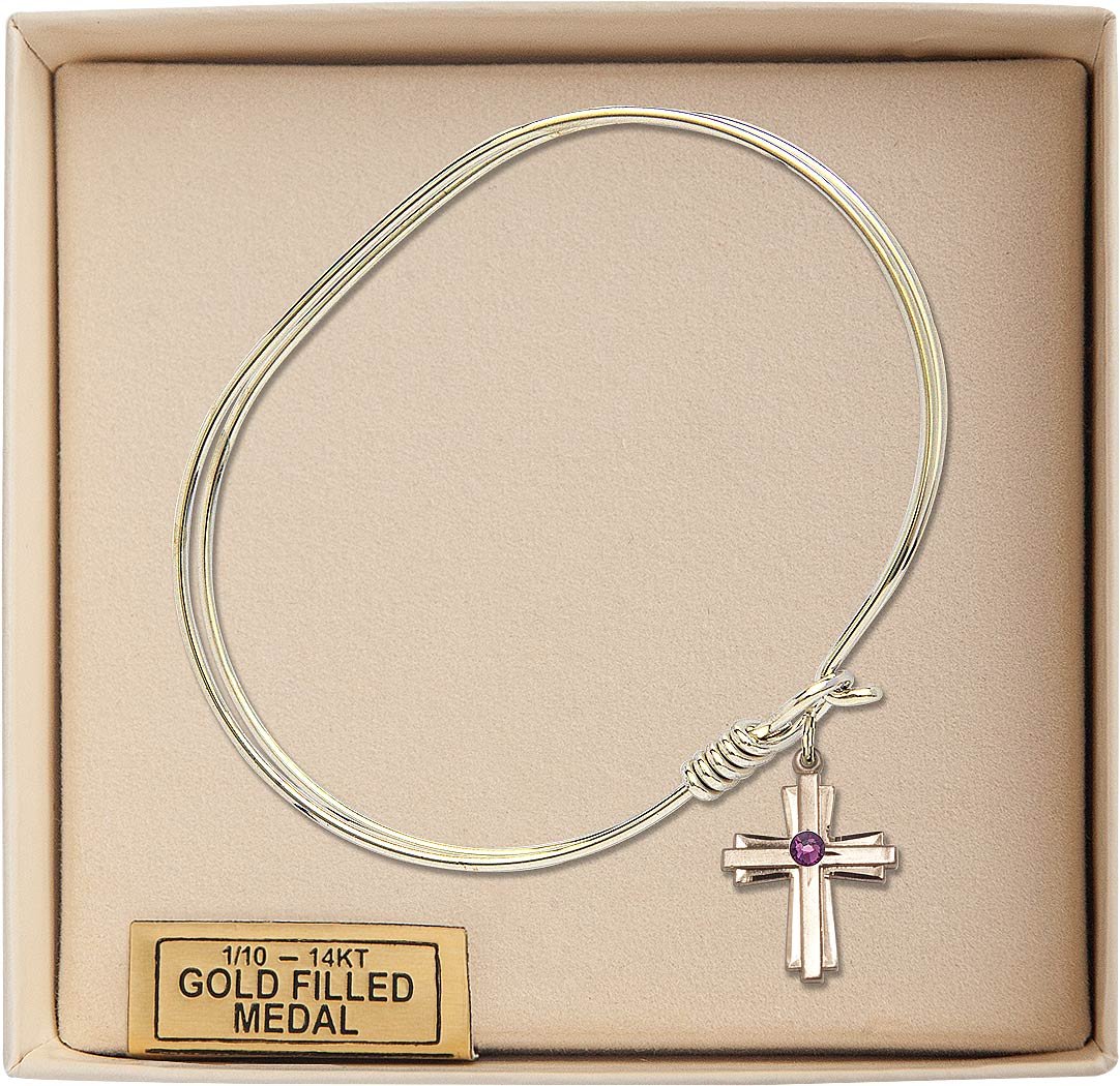 7 Inch Oval Eye Hook Bangle Bracelet with Cross Medal Charm & February Purple Crystal - Elegant Jewelry for Women, Gift for Valentine's Day, Birthday, Anniversary, Party & Special Occasions