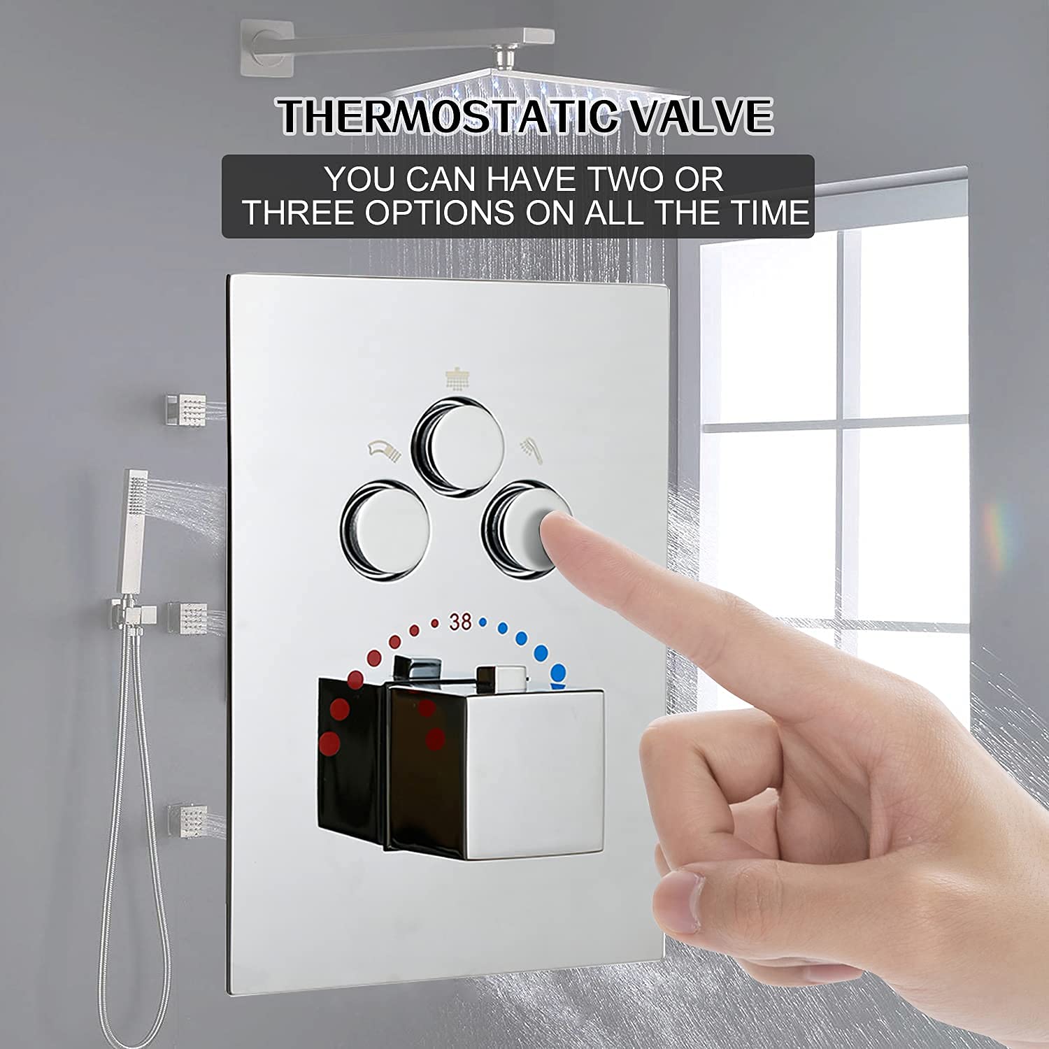 3-Function Brass Shower Diverter Thermostatic Valve - Pressure Balanced Mixer with Polished Chrome Trim - Simultaneous Multi-Function Use for Bathroom, Spa & Luxury Shower Systems