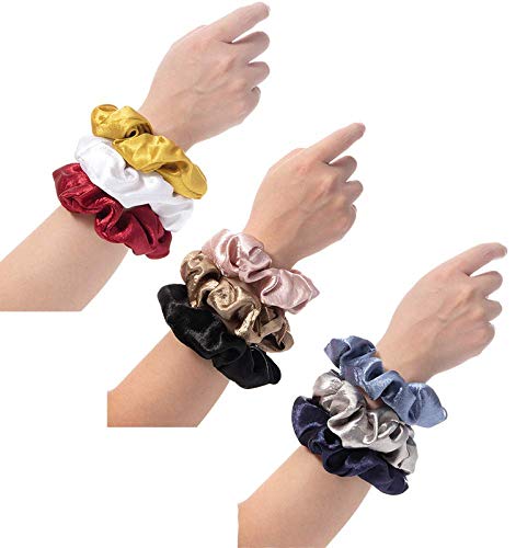 FAMEZA 9 Pack Satin Hair Scrunchies for Women - No Crease Elastic Hair Ties, Soft Silk Ponytail Holders, Gentle No Damage Hair Bands (9-Piece Set, Multi-Color) - Perfect for Workouts, Office, Sleep & Everyday Styling
