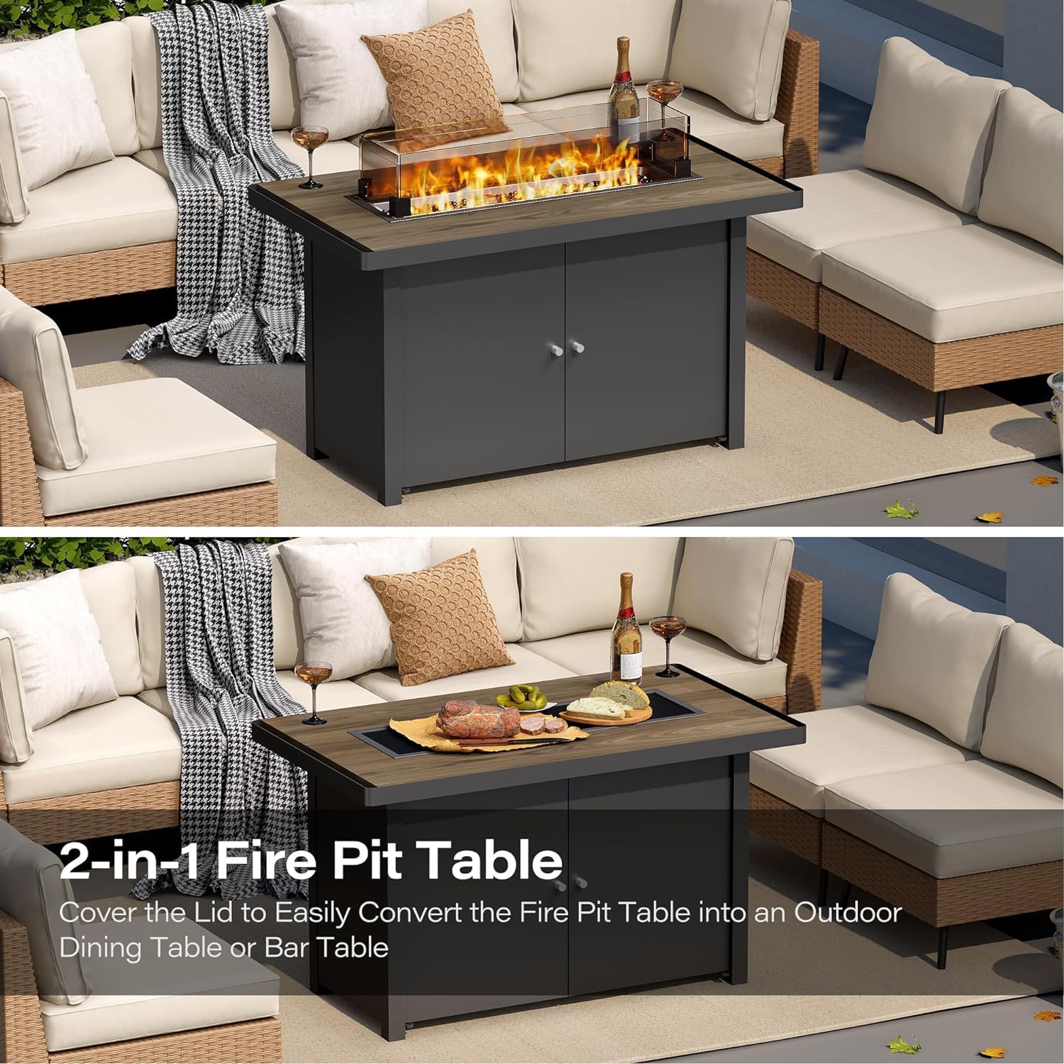 LAUSAINT HOME 43 Inch Propane Fire Pit Table with Lid - 55,000 BTU Outdoor Gas Fire Pit for Patio, Backyard & Deck - Includes Glass Wind Guard & Gray Glass Beads - Perfect for Outdoor Gatherings, Camping & Relaxation