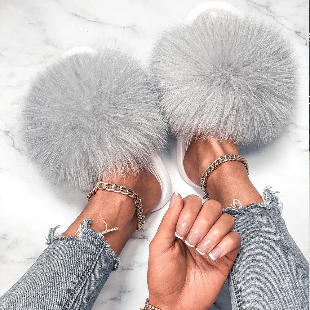 Women's Fluffy Fox Fur Slippers - Cozy Plush House Sandals for Indoor Comfort & Winter Warmth | Perfect for Lounge, Bedroom & Gift Giving