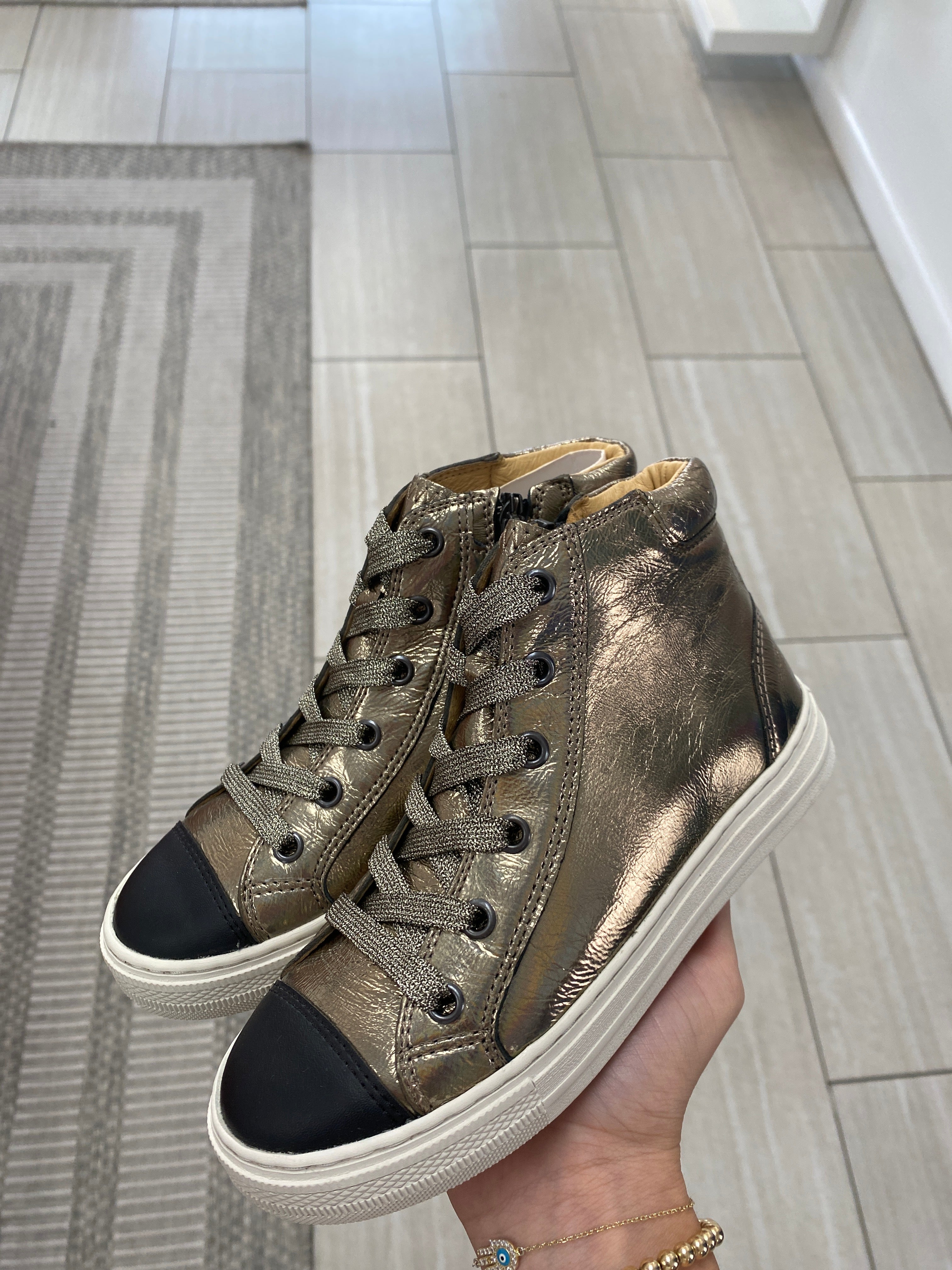 Pom D'Api Bronze Hi-Top Zipper Sneakers for Kids - Stylish & Comfortable Leather Shoes for School, Play & Everyday Wear