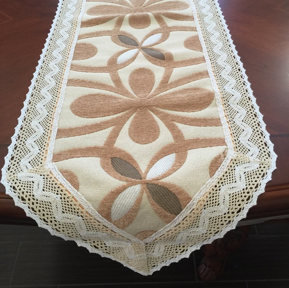 Soft Chenille with Elegant Cotton Lace Coffee Table Runner - Camel Gold (10x60 Inches) - Perfect for Dining Tables, Console Tables, and Home Decor Accents