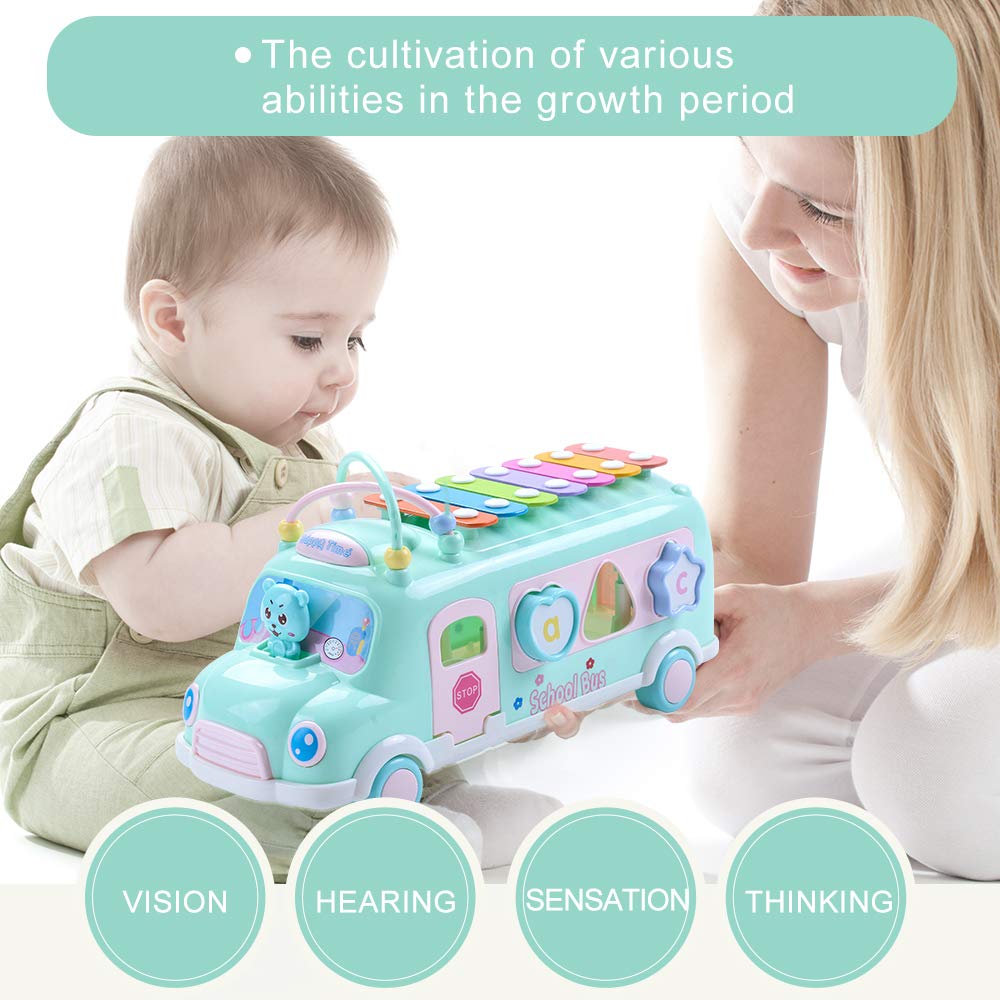 Baby Musical School Bus Xylophone Toy for Toddlers 1-3 Years - Shape Puzzles & Knocking Xylophone Educational Toy for 1 Year Old Boys & Girls - Perfect Christmas Birthday Gift for Learning & Playtime Fun