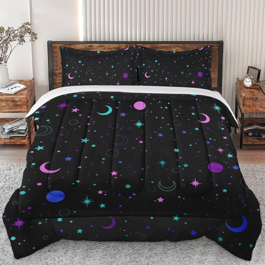 Rainbow Moon Space Sun Twin Size Comforter Set - Soft Retro Galaxy Bedding for Kids & Adults | Perfect for Bedroom Decor & Cozy Sleep