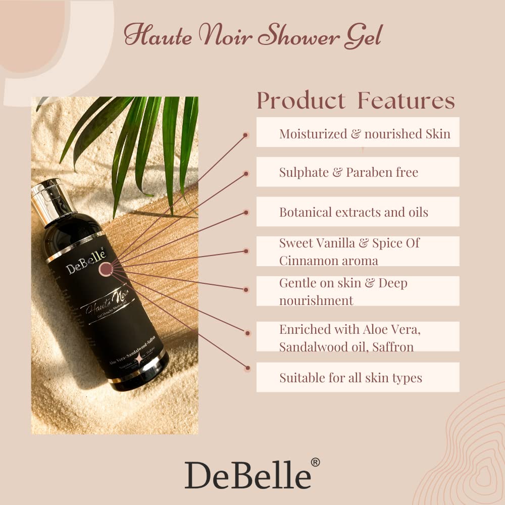 DeBelle Body Wash Haute Noir - 100ml Sulfate-Free Shower Gel with Rose Water, Saffron & Sandalwood Oil for Women & Men | Hydrating & Luxurious Bath Experience for Dry & Sensitive Skin