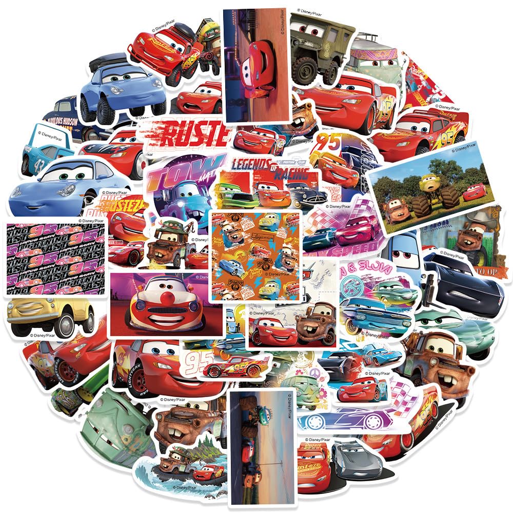 50Pcs American Cartoon Cars Stickers for Kids - Waterproof Vinyl Decals for Laptops, Computers, Water Bottles, Notebooks & DIY Crafts - Classic Disney Pixar Animation Stickers (Cars Movie Theme) - Perfect for School Supplies, Scrapbooking & Kids Room Decor