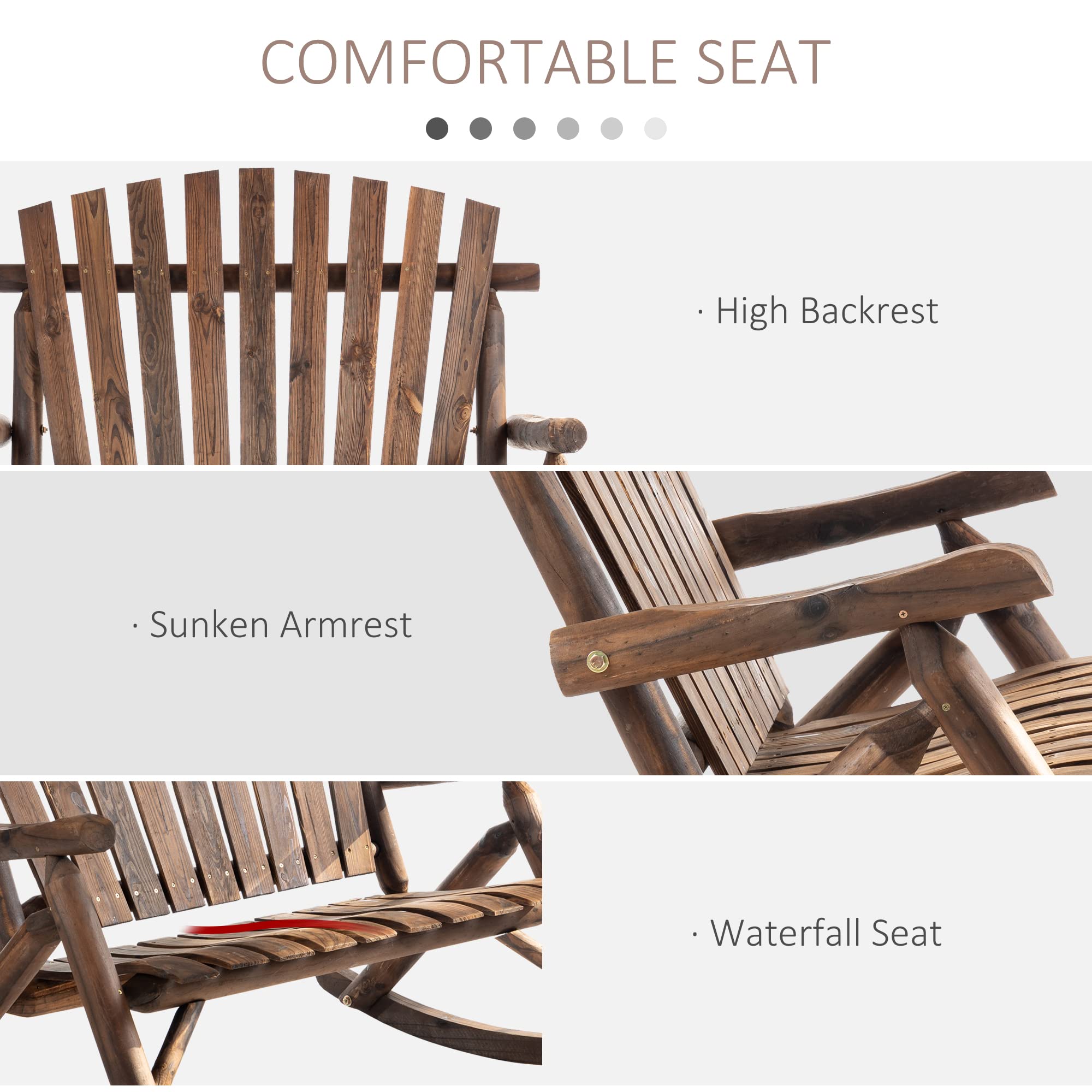 Outsunny Double-Person Outdoor Wooden Rocking Chair - Rustic High Back Adirondack Patio Chair with Slatted Seat & Backrest - Perfect for Backyard, Garden, Porch & Indoor Relaxation - Carbonized Finish for Durability