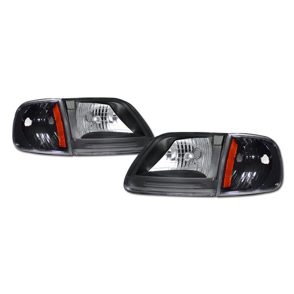 Black Clear Crystal Headlights + Amber Turn Signal Lights Compatible with 97-03 Ford F150, 2004 Heritage, 97-99 F250 Light Duty & 97-02 Expedition - Upgrade Your Truck's Front Lighting for Better Visibility & Style
