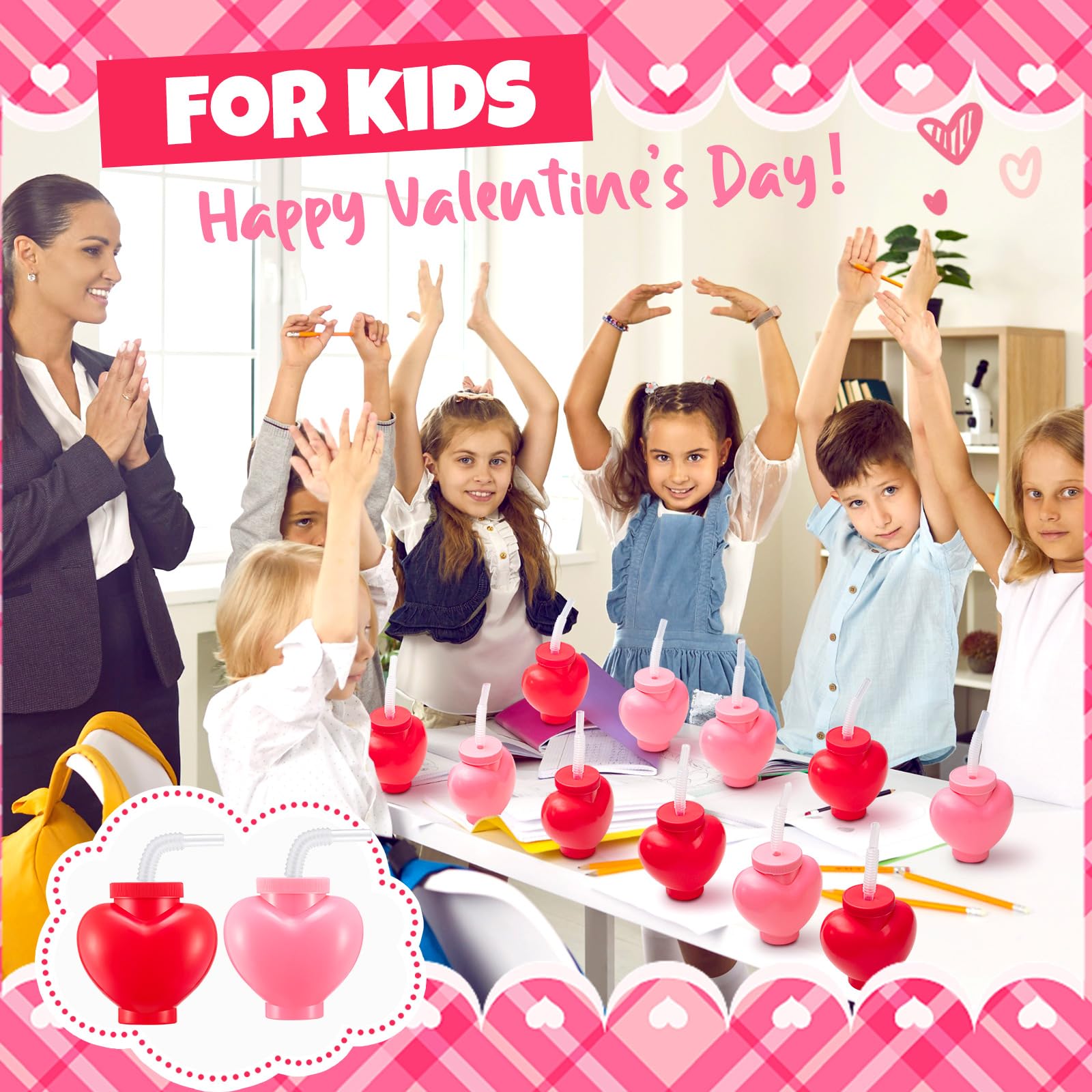 12 Pack Valentine's Day Heart Shaped Plastic Cups with Lids & Straws - 12 oz Romantic Party Cups for Kids Birthday, School Classroom Prizes, Wedding Favors - Perfect for Valentine's Parties, Bridal Showers & Gift Exchanges