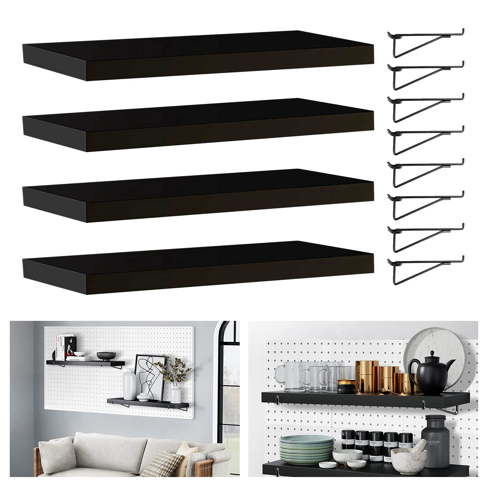 Black Pegboard Shelf 4 Pack - Wooden Shelves with Metal Brackets & Hooks for Craft Room, Home Organization, Kitchen Storage & Garage Tool Wall - Perfect for DIY Projects, Small Space Solutions & Workshop Organization