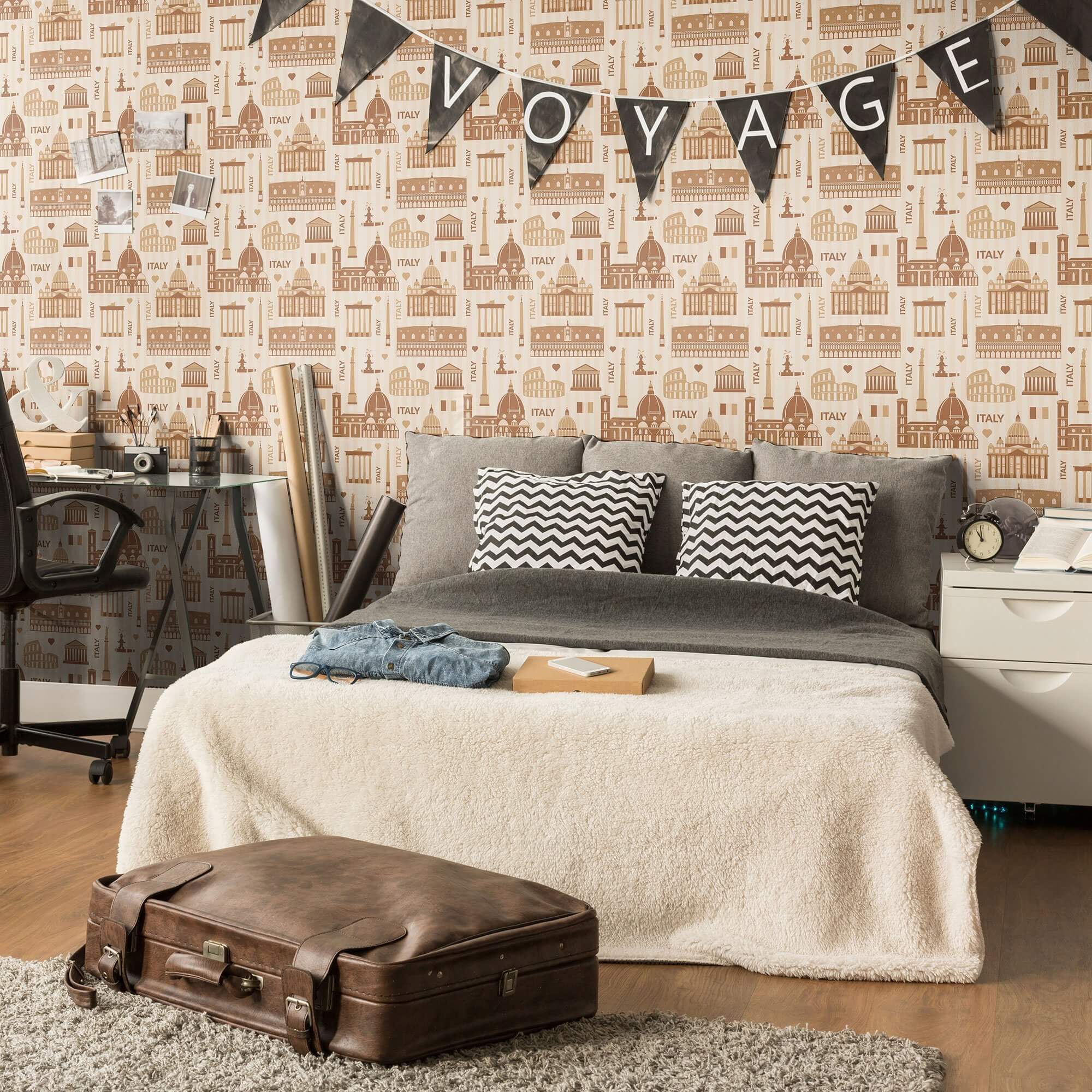 Brown Travel Themed Peel and Stick Removable Wallpaper 3473 - Vintage Map Design Self-Adhesive Wall Decor for Bedroom, Living Room & Office