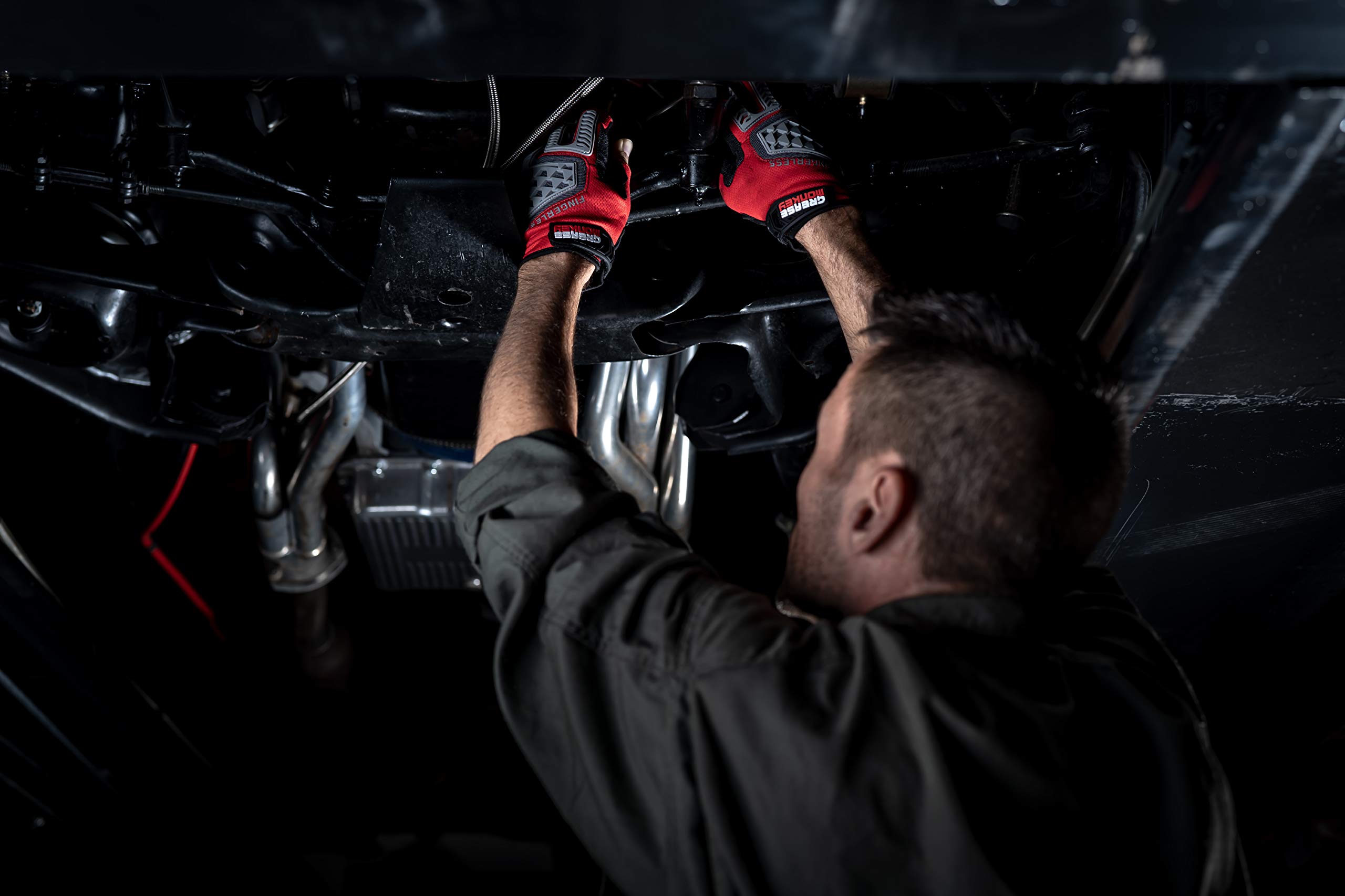 Grease Monkey GM Rhinoflex Pro Fingerless Work Gloves - Red - Durable & Flexible for Mechanics, Construction & DIY Projects