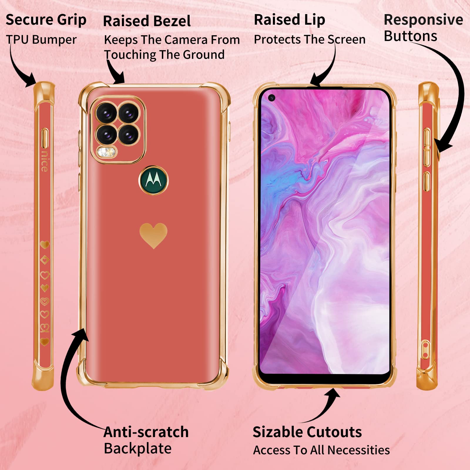 3-in-1 Luxury Heart Pattern Phone Case for Motorola Moto G Stylus 5G 2021 (6.8 Inch) - Cute Aesthetic Love Design with Screen Protector & Chain - Perfect Gift for Women & Girls (Red/Gold) | Everyday Protection & Stylish Accessory