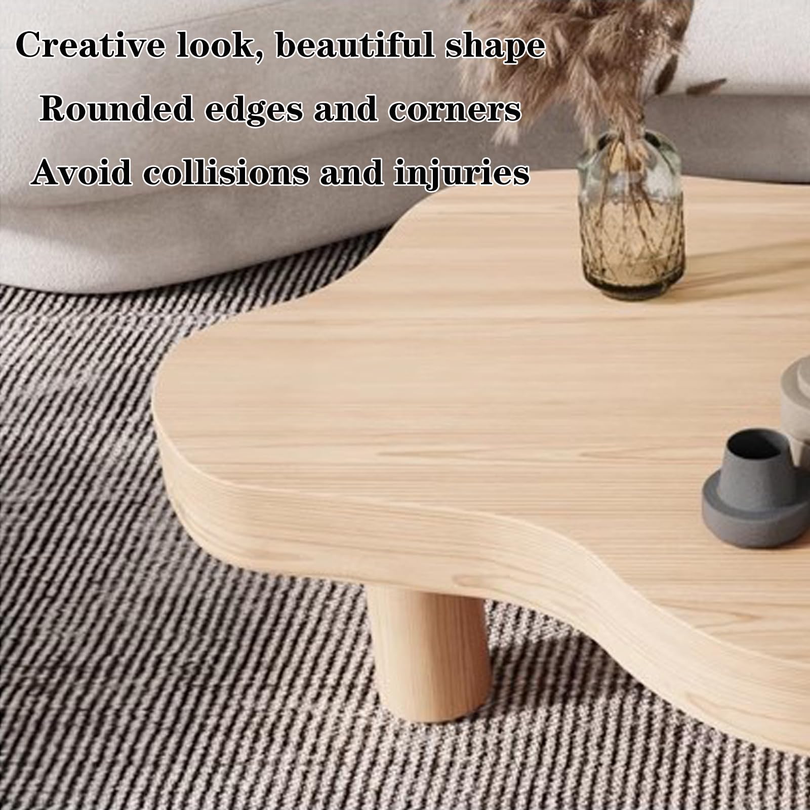 Cloud Coffee Table - Irregular Solid Wood Modern End Table with 3 Legs, Round Corners & Thickened Top (28×18×16