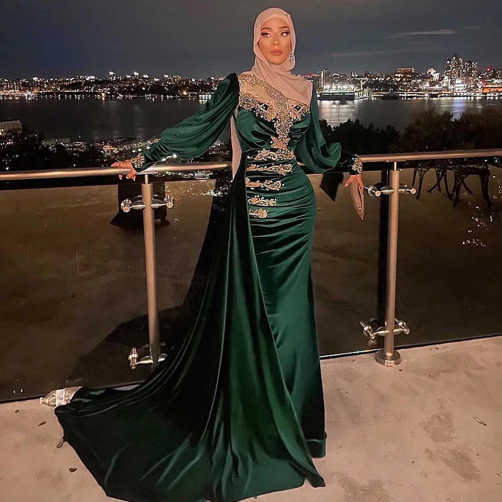Serene Hill Muslim Satin Green Mermaid Evening Dress 2025 - Elegant Beaded Overskirt Gown for Women - Perfect for Weddings, Prom, Gala & Special Occasions