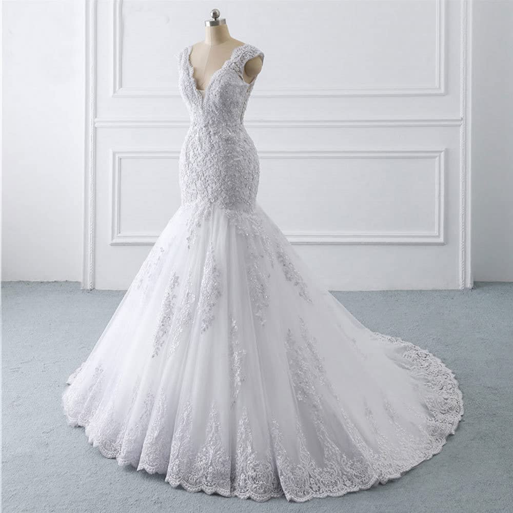 XYAYE V-Neck Mermaid Wedding Dress for Bride - Sparkling Sequins & Lace Applique Tulle Bridal Gown with Train | Elegant Beach, Church, and Formal Wedding Ceremony Dress