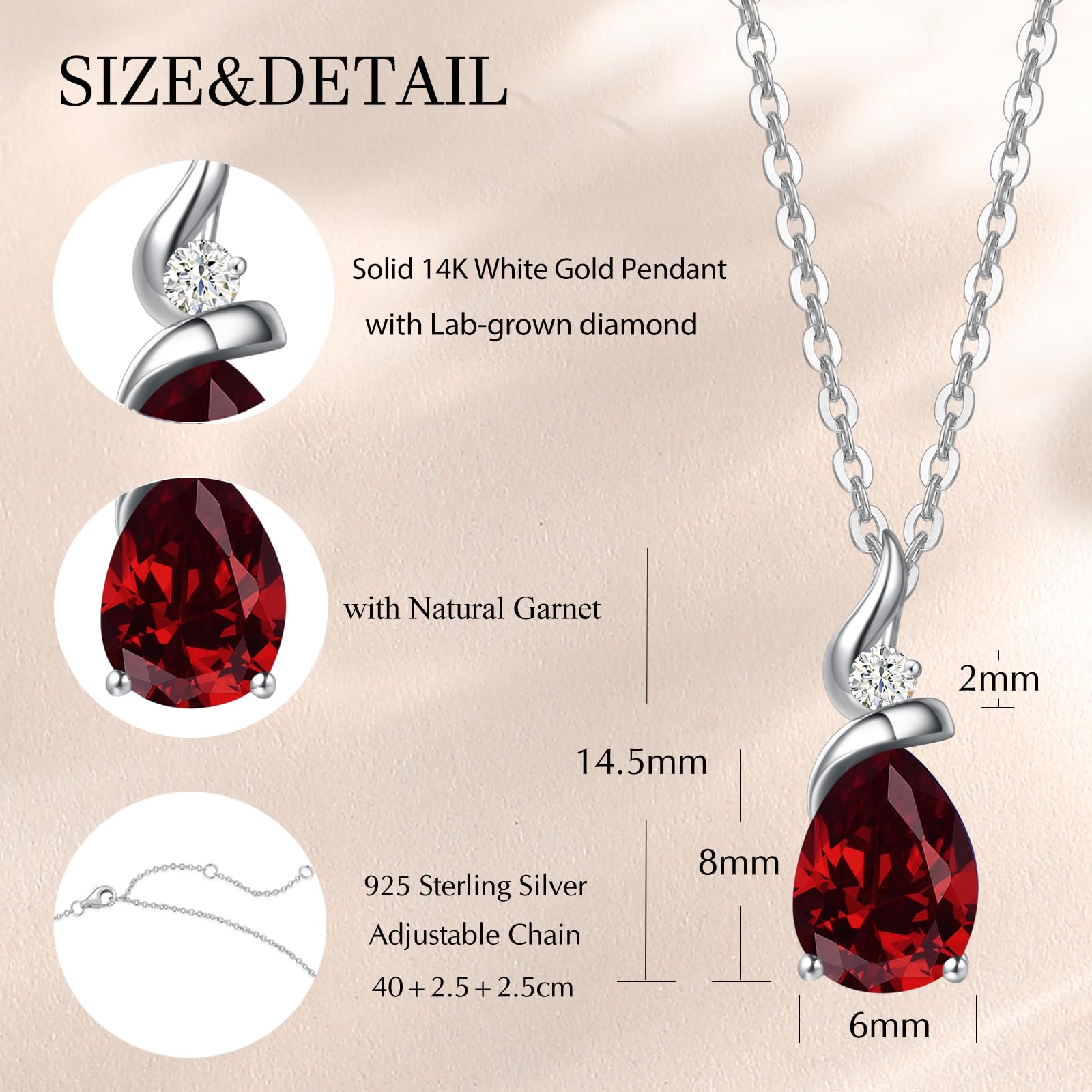 14K Solid White Gold Birthstone Pendant Necklace for Women | Pear-Shaped Diamond Teardrop Necklace | Personalized Birthday Gift for Mom | Sterling Silver Chain with 16
