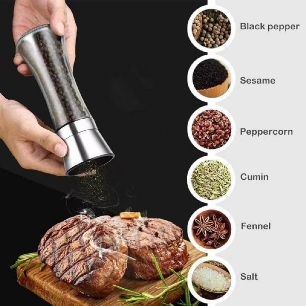 Premium 6OZ Stainless Steel Salt and Pepper Grinder Set - Adjustable Coarseness & Refillable Spice Mill with Sharp Ceramic Blades - Professional Chef Kitchen Tools with Free Wooden Spoon - Perfect for Cooking, Baking & Tabletop Seasoning