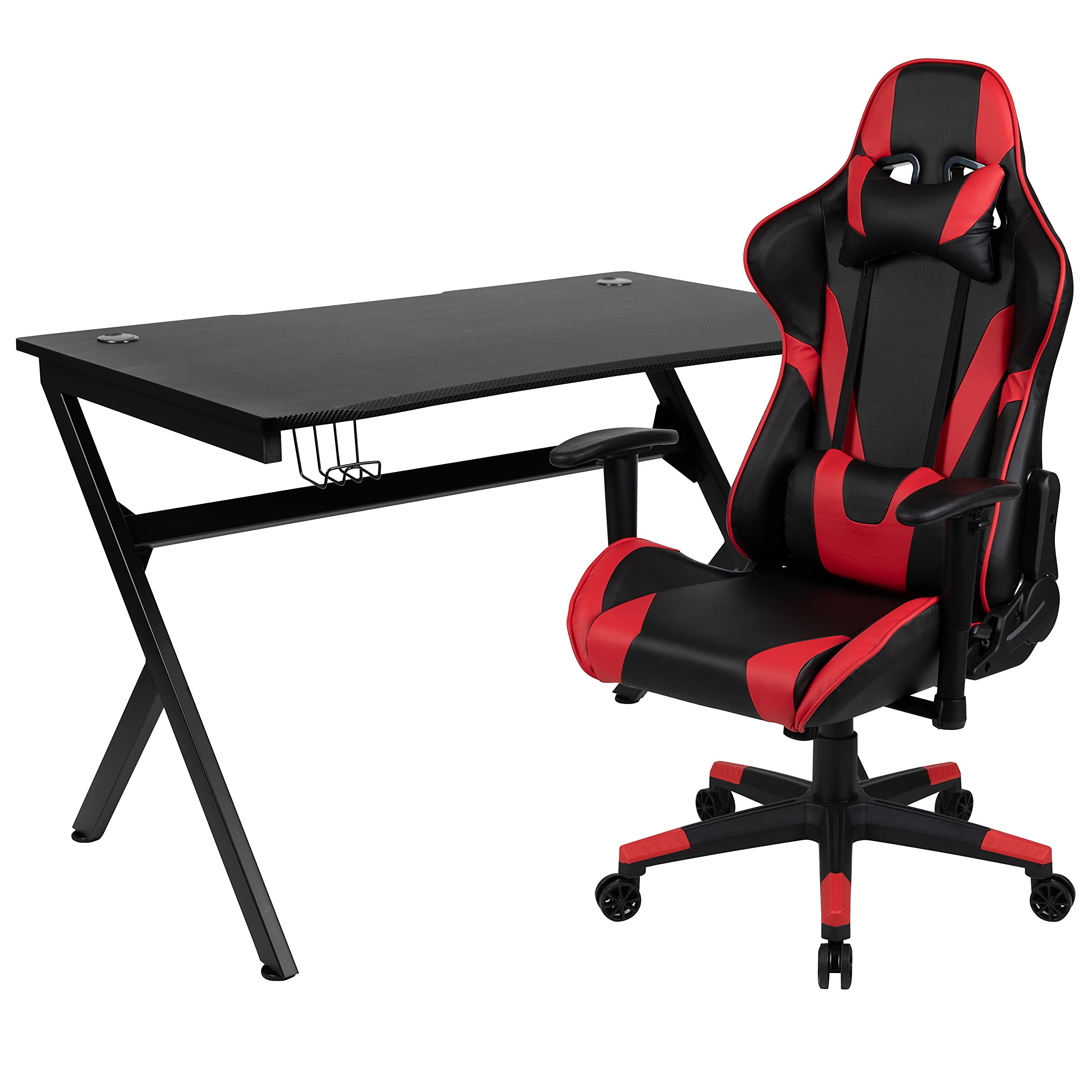 EMMA + OLIVER Gaming Bundle - Ergonomic Gaming Desk with Cup Holder & Headphone Hook, Red Reclining Gaming Chair - Perfect for PC Gaming Setup & Home Office