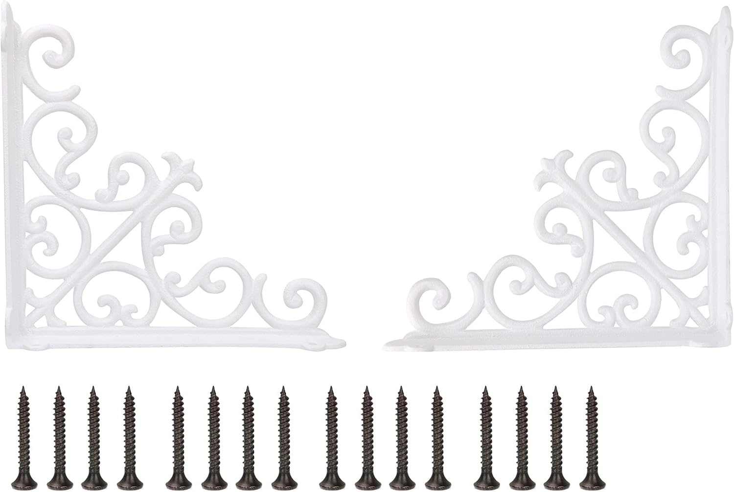 White Cast Iron Decorative Shelf Bracket - 8.85 Inch Heavy Duty Wall Mount Brackets (Set of 2) for Floating Shelves, Bookshelves & Home Decor