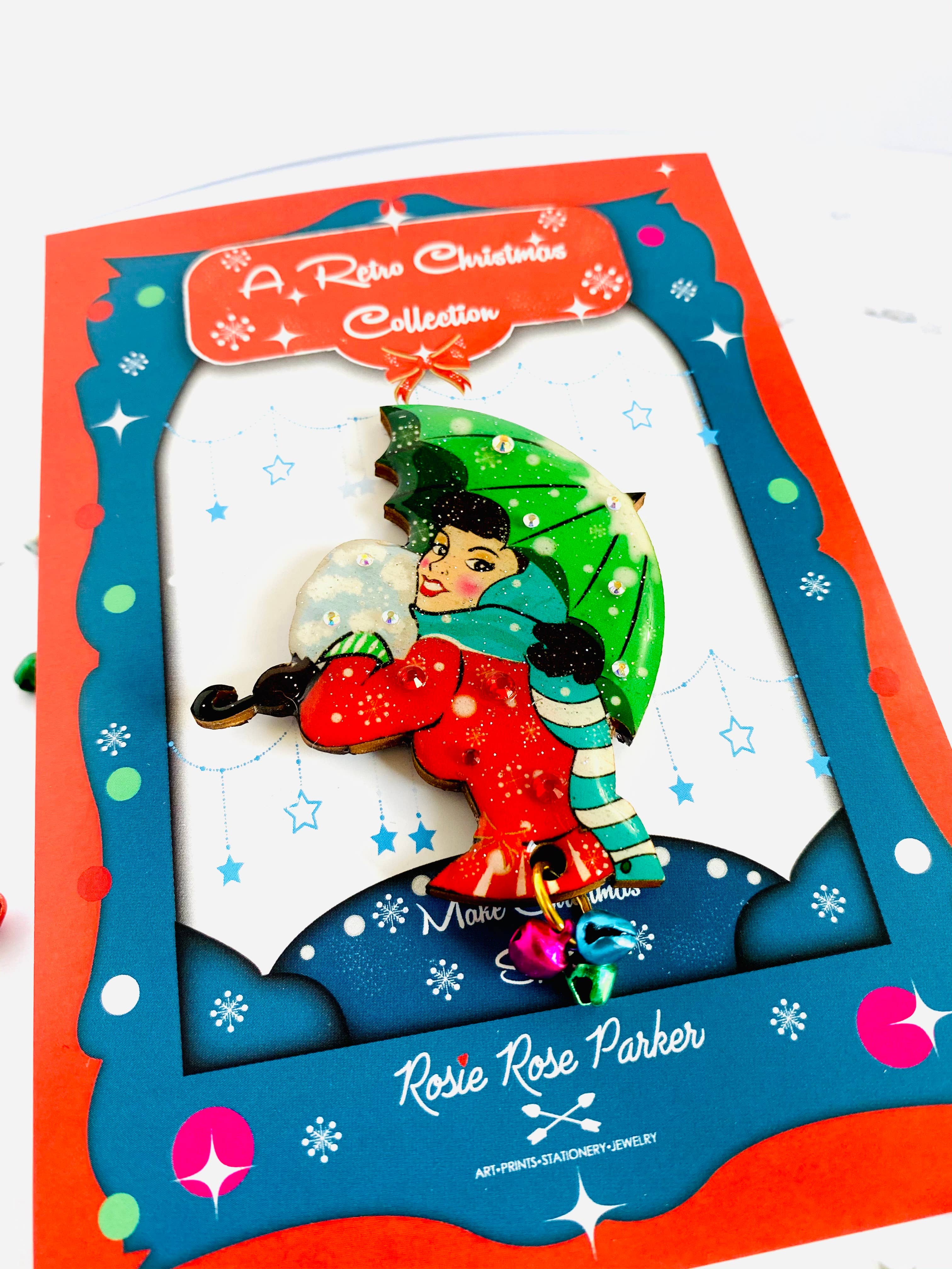 Christmas Umbrella Brooch by Rosie Rose Parker - Festive Holiday Jewelry for Women, Elegant Pin for Winter Coats, Scarves & Christmas Sweaters