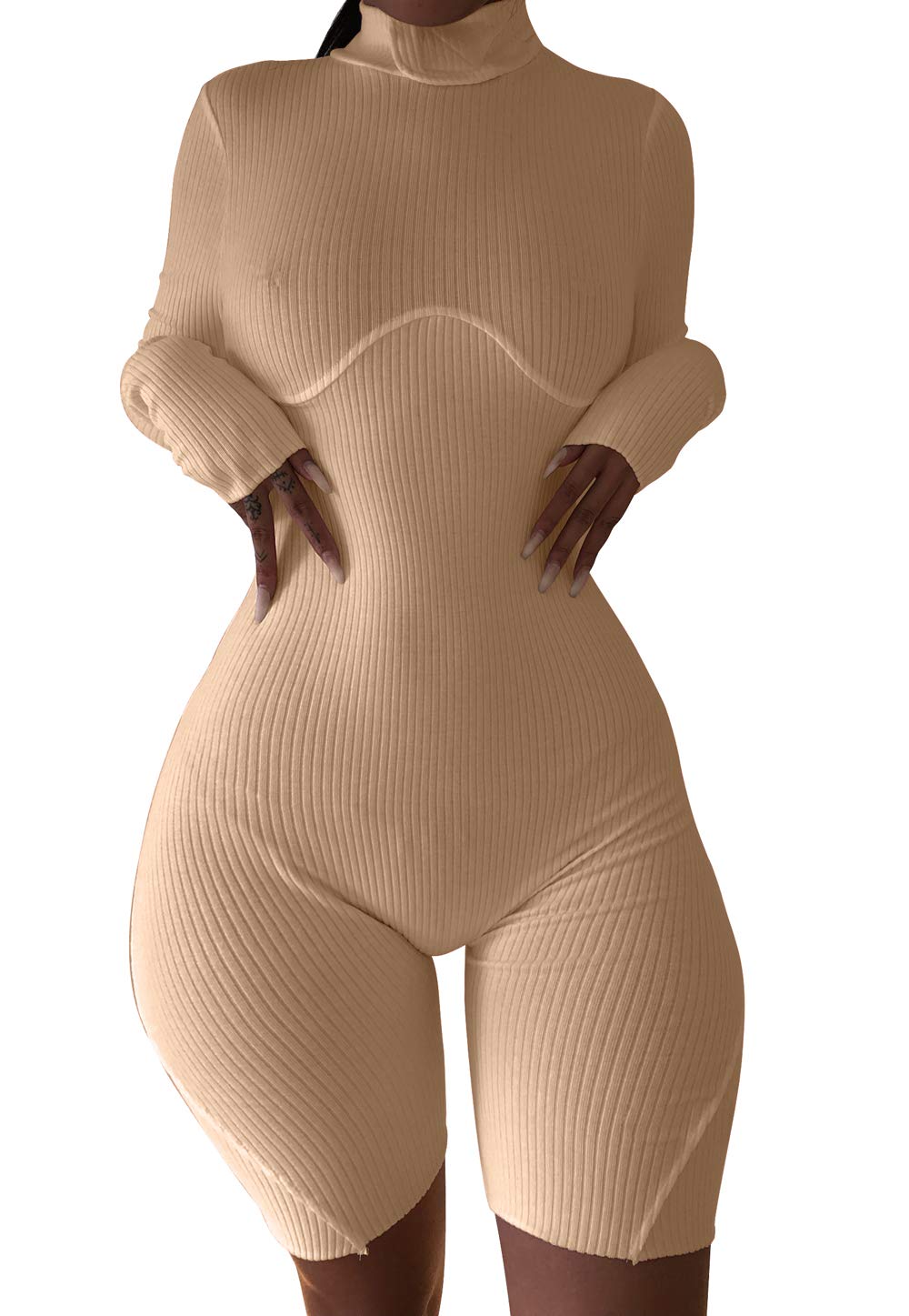 XLLAIS Women's Sexy High Neck Long Sleeve Bodycon Shorts Jumpsuit Ribbed Clubwear Outfit - Perfect for Night Out, Party, and Date Night