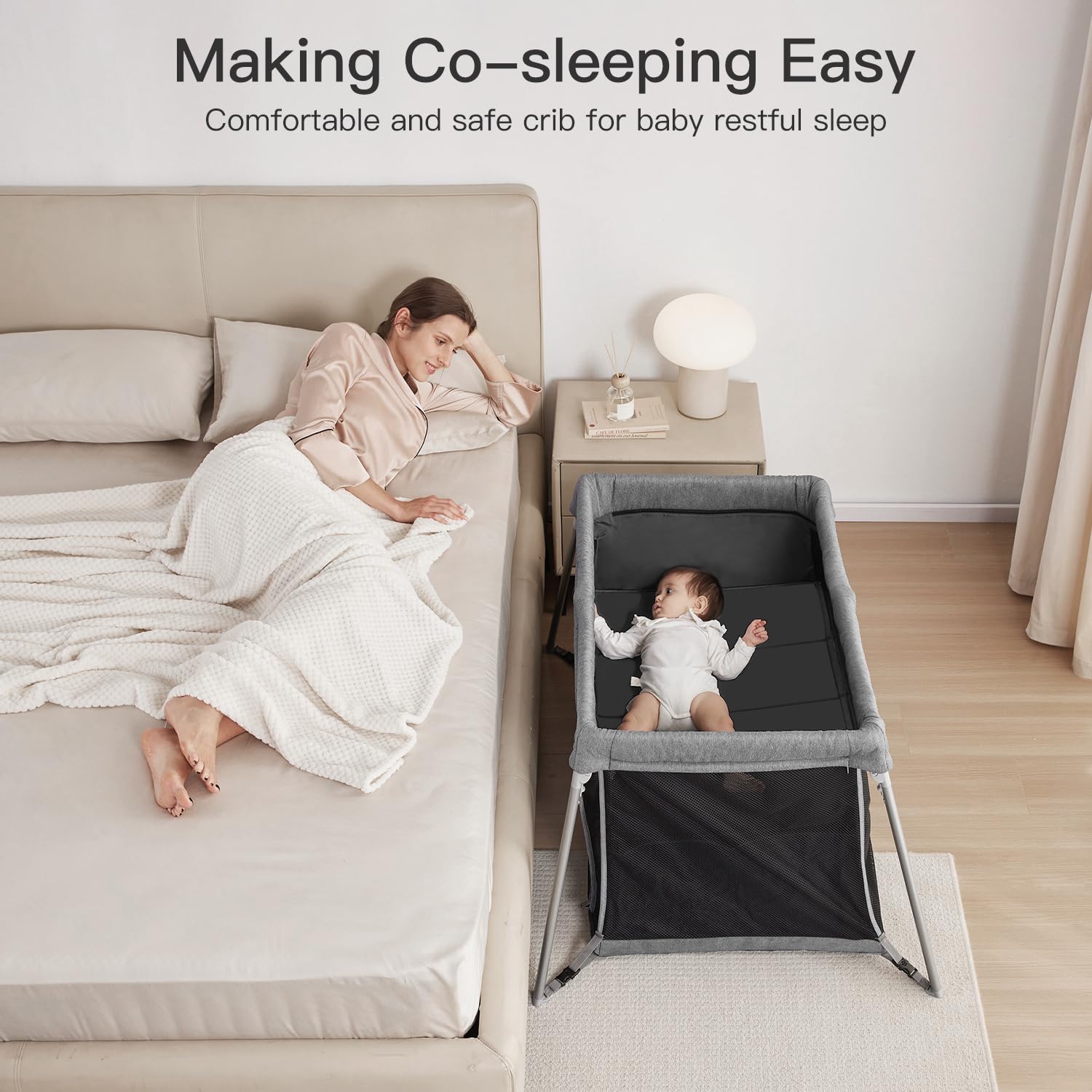 2 in 1 Portable Travel Crib & Playpen for Toddlers - Lightweight Foldable Baby Travel Bed with Soft Mattress for Indoor, Outdoor, Camping & Airplane Use (Grey)
