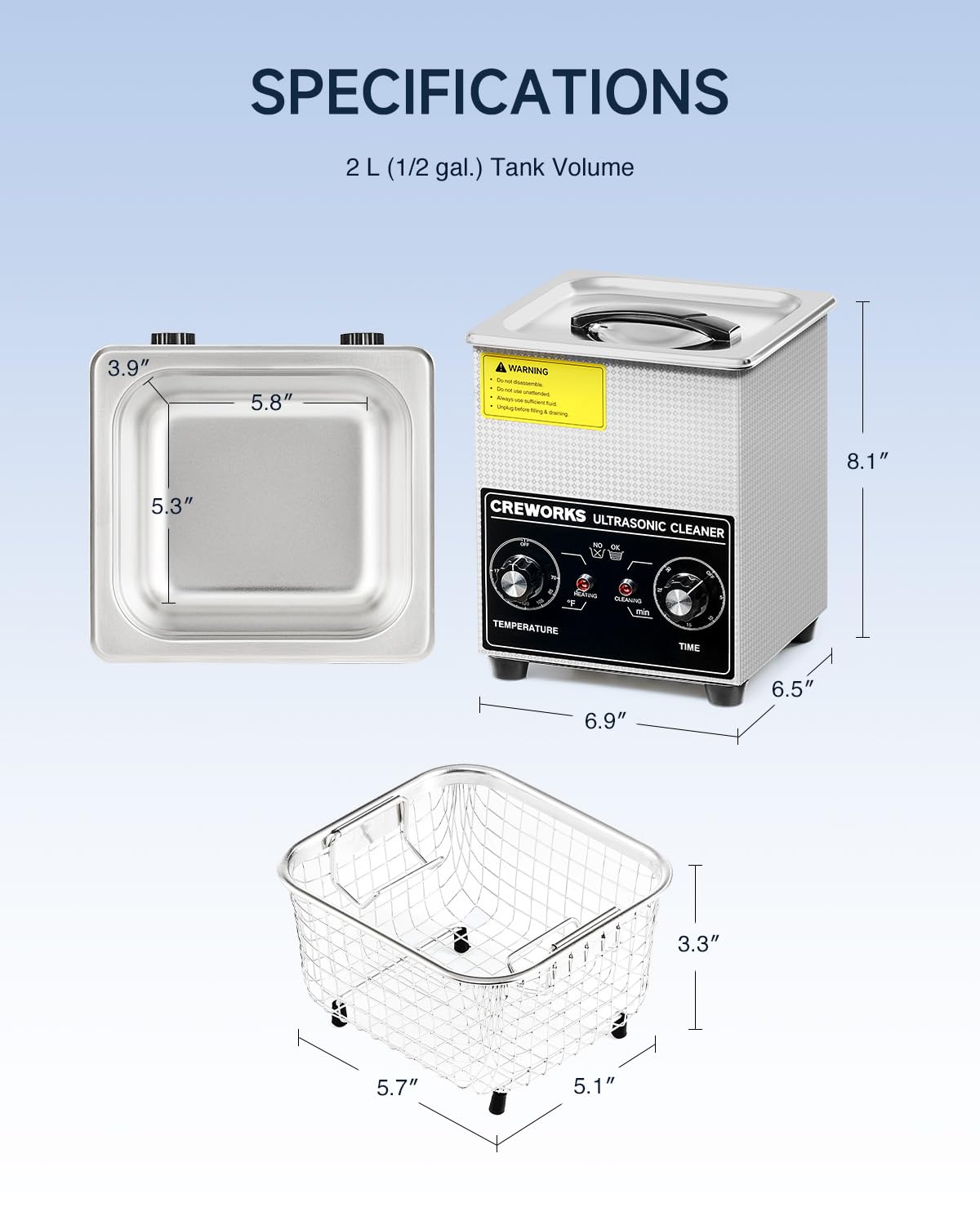 CREWORKS 60W Stainless Steel Ultrasonic Cleaning Machine with Heater & Timer - Professional Ultrasound Cleaner for Jewelry, Glasses, Lab Tools, Auto Parts & Dental Instruments - Perfect for Home, Workshop & Commercial Use