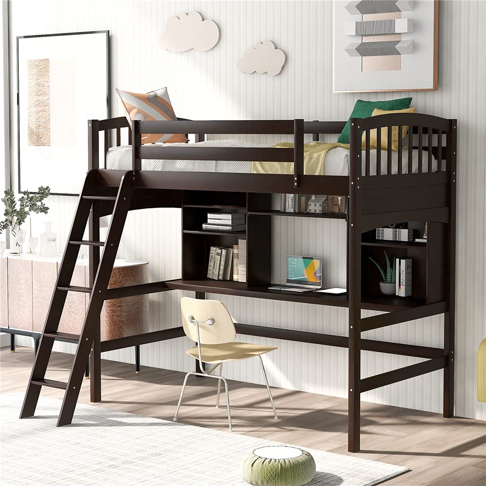 Twin Size Loft Bed with Desk & Storage - Pinewood Bed Frame with Removable Ladder & Guardrails - Space Saving Furniture for Small Bedroom, Dorm Room or Kids Room (Espresso Finish)