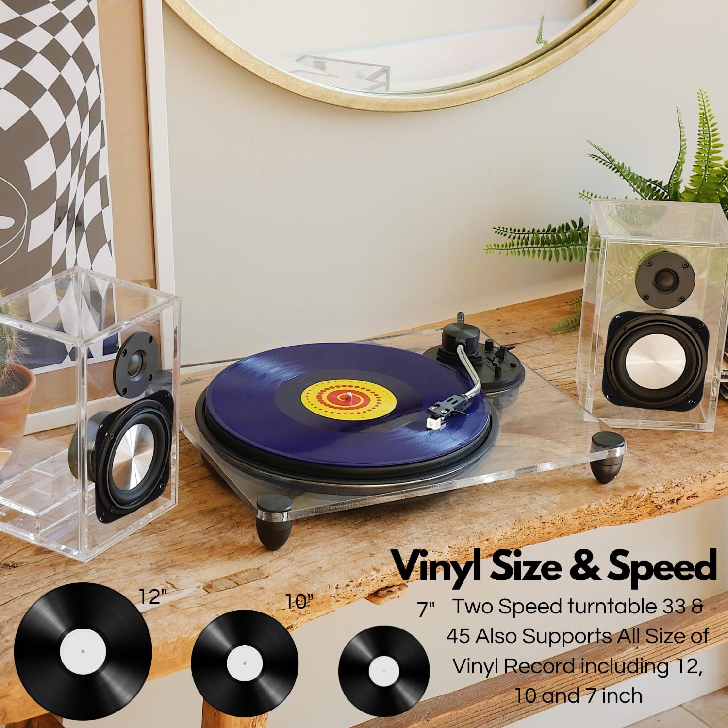 Steepletone Soho Clear Acrylic Wireless Record Player with 2-Speed Turntable, Counter Weight & AT-3600L Cartridge - Perfect for Home Entertainment & Vinyl Collectors