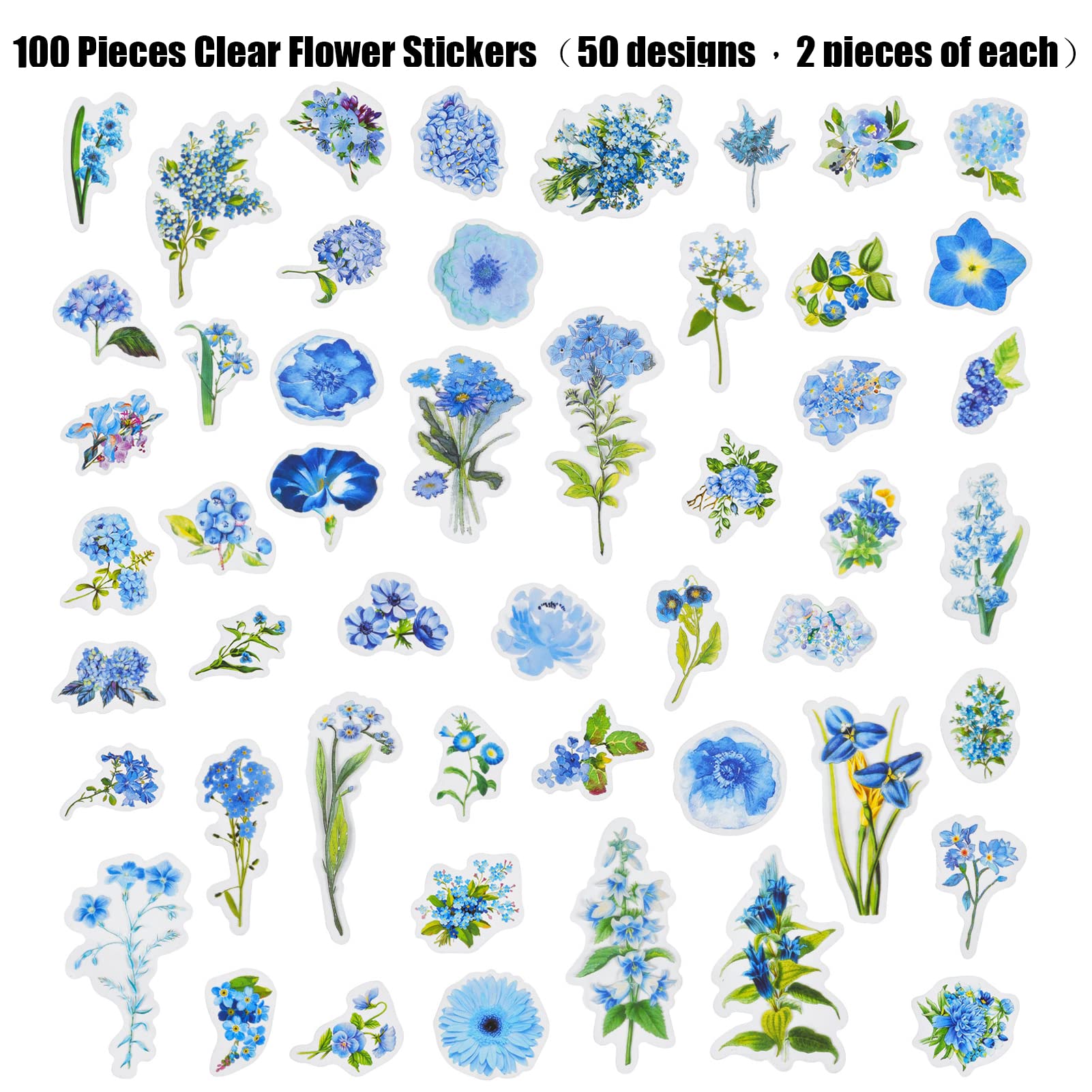 100 Pieces Blue Flower Stickers Set - Cute Floral Leaf Waterproof Vinyl Decals for Scrapbooking, Journaling, Planners, DIY Crafts | Perfect for Laptop Decoration, Phone Cases, Gift Wrapping & Home Decor