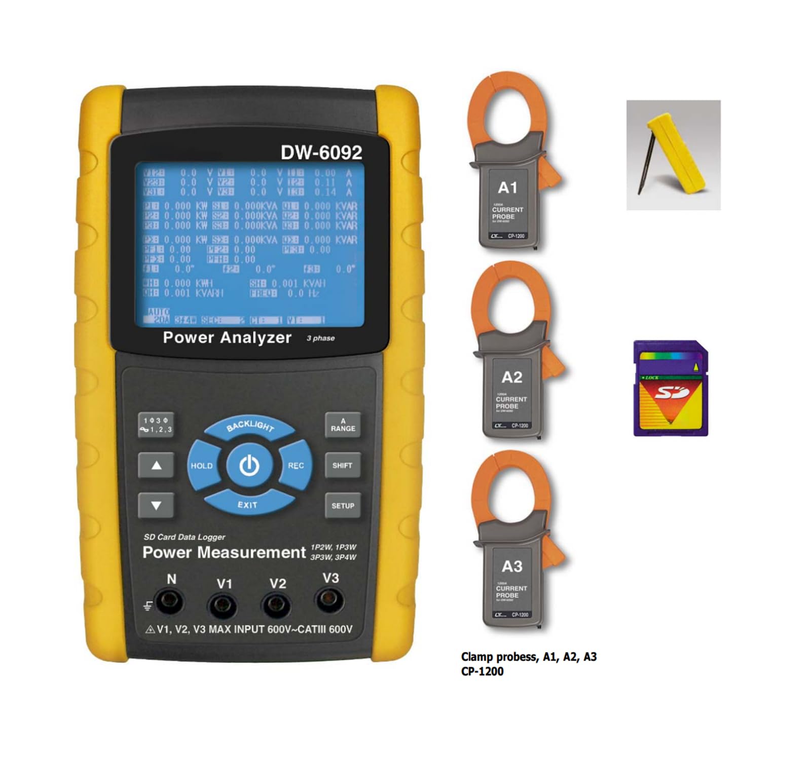 DW-6092 3 Phase Power Analyzer Meter Tester - Real-Time Data Logger with 3 CP-1200 Current Probes (20A/200A/1200A) | 1P2W, 1P3W, 3P3W, 3P4W | Ideal for Industrial Electrical Testing & Energy Monitoring