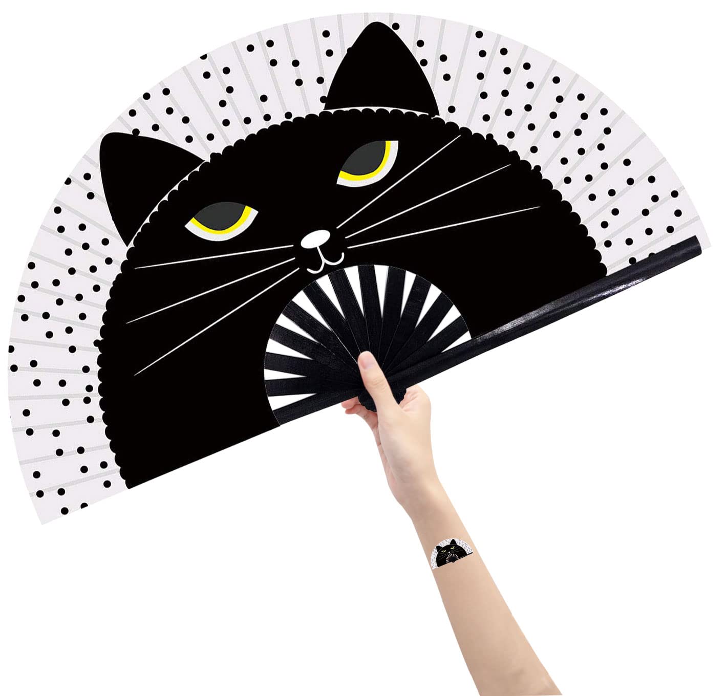 Amajiji Large Folding Hand Fan - Traditional Chinese/Japanese Style Bamboo & Nylon Cloth Handheld Fan - Perfect for Dance Performances, Stage Shows, Weddings, Home Decor & Summer Cooling (Black Cat Design) - Great for Raves, Cosplay, Photo Shoots & Outdoor Events