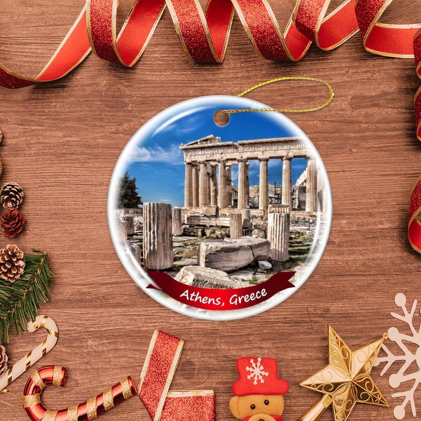Athens Greece Christmas Ornament - 3 Inch Double-Sided Porcelain Ceramic Holiday Decoration for Tree, Gift & Home Decor | Fhdang Decor