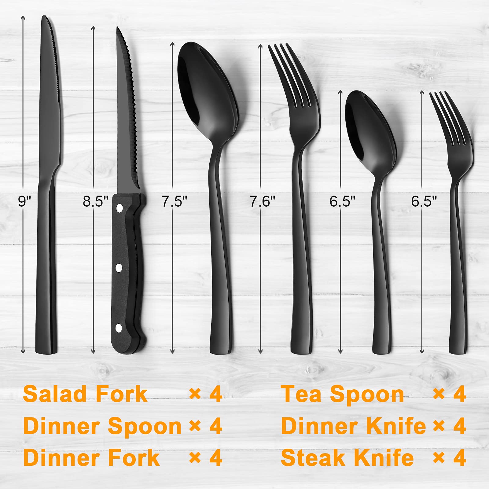 24-Piece Black Silverware Set for 4 with Steak Knives - Premium Stainless Steel Flatware Set for Dining - Elegant Black Cutlery Set for Home & Kitchen - Perfect for Dinner Parties, Restaurants & Daily Use - Hand Wash Recommended