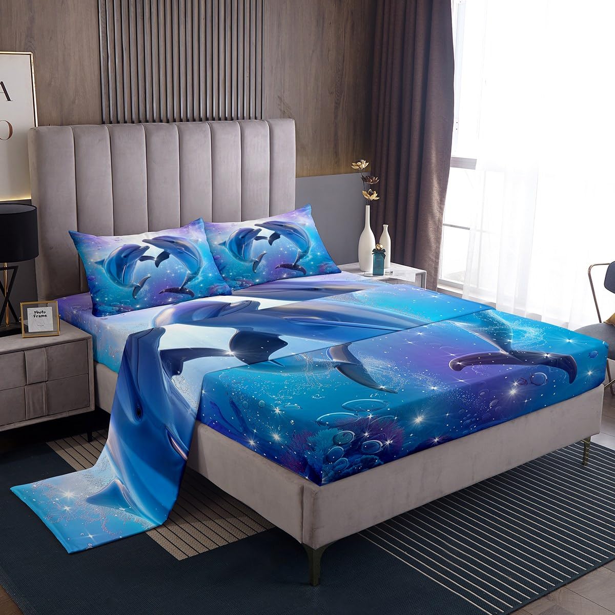 **Underwater World Dolphin & Goldfish Coral Bed Sheet Set - Full Size 4-Piece (Fitted Sheet, Flat Sheet, 2 Pillowcases) - Deep Pocket Marine Life Bedding for Kids, Boys & Girls - Perfect for Ocean-Themed Bedrooms & Nautical Decor**