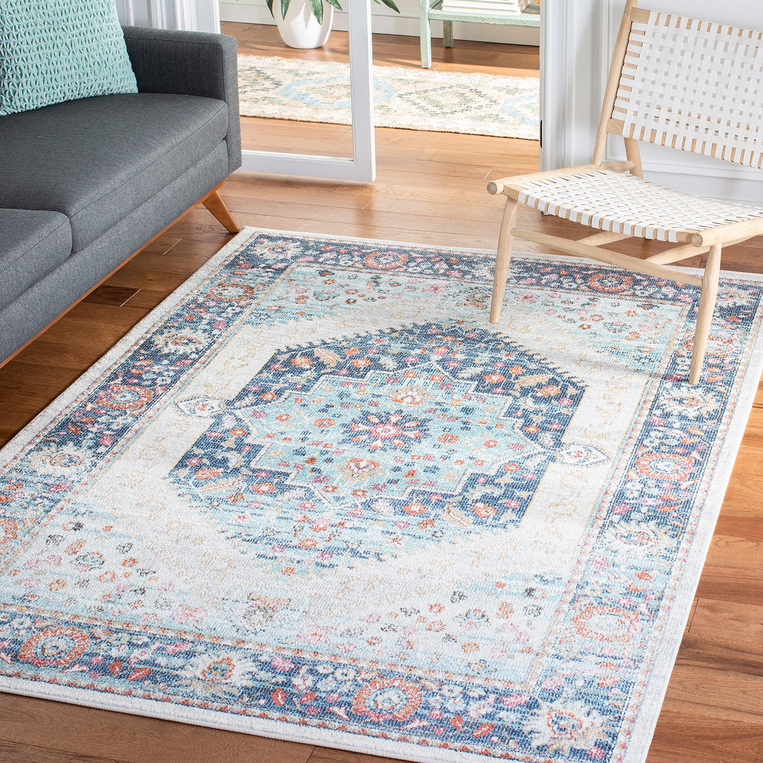 SAFAVIEH Phoenix Collection 8' x 10' Ivory & Blue Boho Chic Oriental Medallion Area Rug - Non-Shedding, Easy Care, High Traffic Resistant - Perfect for Living Room, Bedroom, Dining Room & Home Decor (PHX291A)
