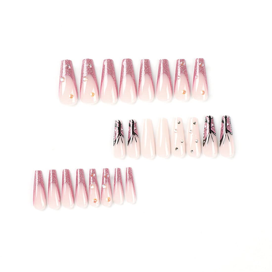 24pcs Long Coffin Ballet Fake Nails with Rhinestone Butterfly Design - French False Nails for Women & Girls - Perfect for Parties, Weddings & Special Occasions