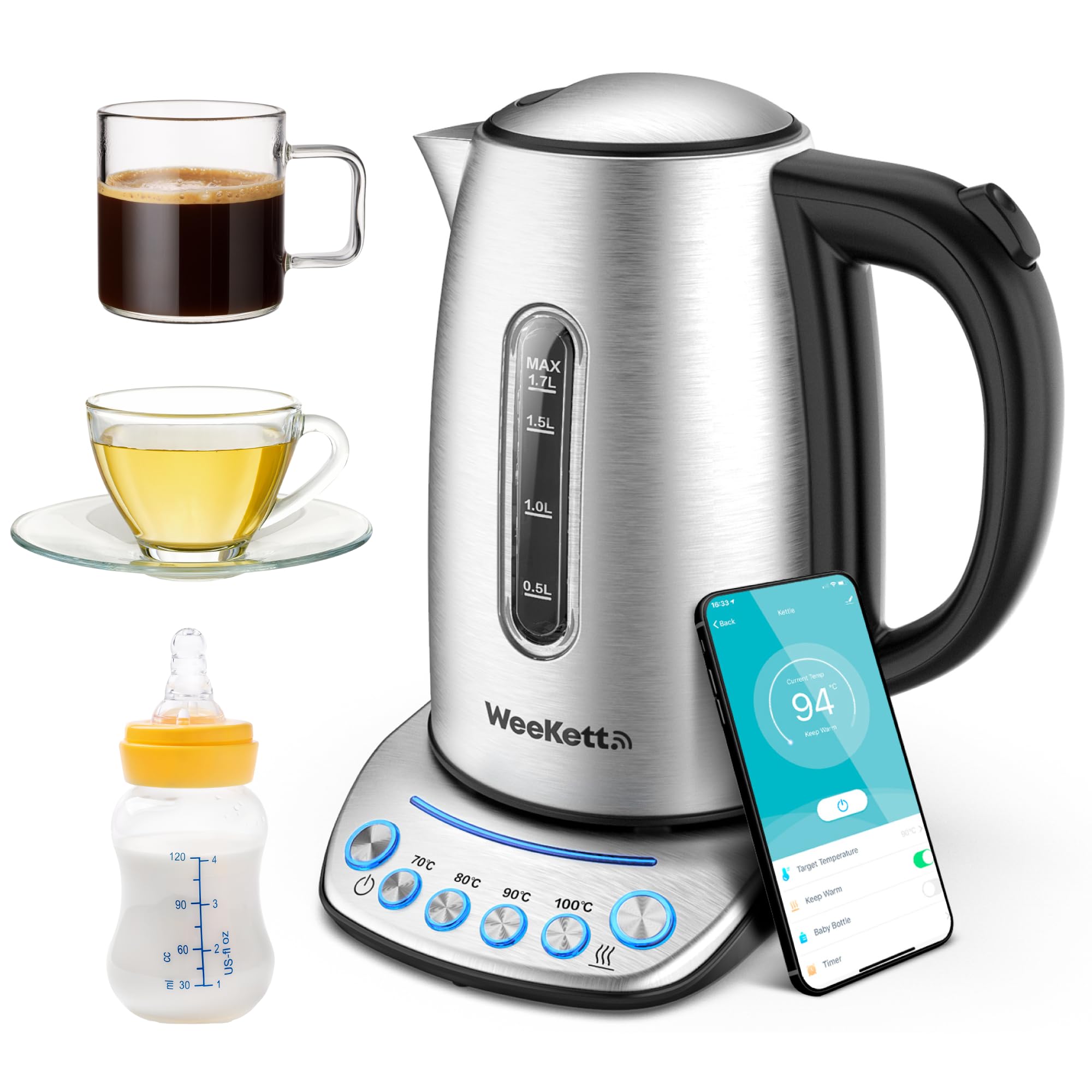 Alexa Smart Kettle 1.7L - Voice Controlled Stainless Steel Electric Kettle with Adjustable Temperature & Keep Warm Function | Energy Efficient, BPA-Free Smart Home Appliance | Perfect for Coffee, Tea & Baby Bottle Warming