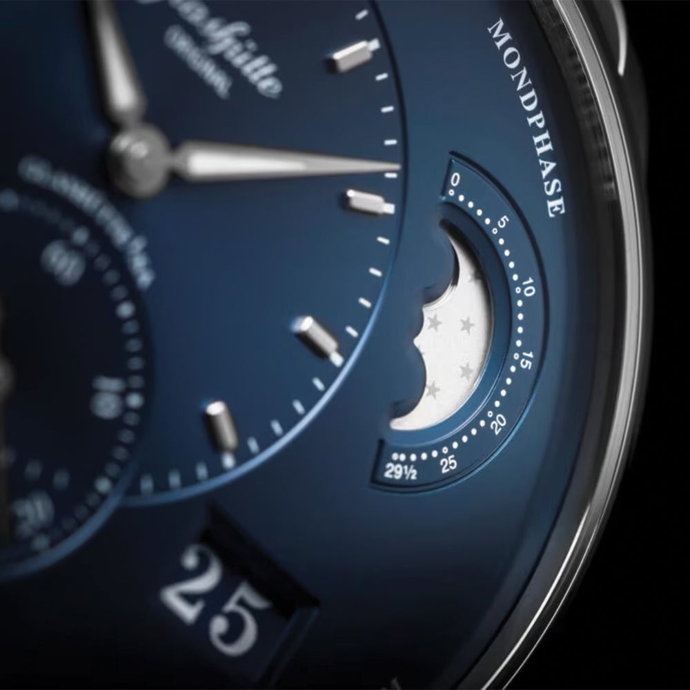 PanoMaticLunar 40mm Stainless Steel Watch with Blue Dial & Leather Strap - Perfect for Business Meetings & Formal Occasions