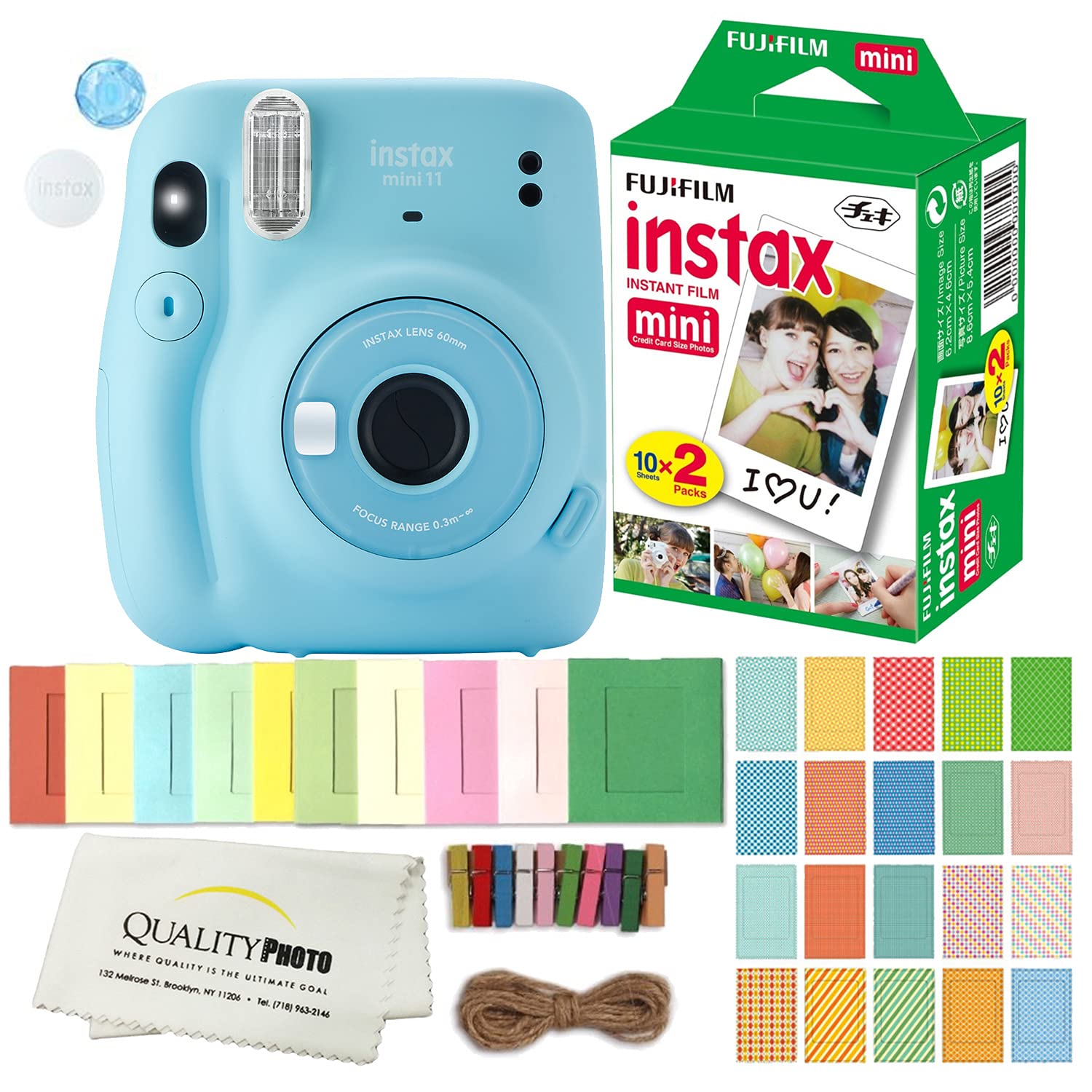 FUJIFILM INSTAX Mini 11 Instant Camera Kit with Film - Includes Sky Blue Camera, 20 Instant Photos, Stickers, Hanging Frames & Cleaning Cloth | Perfect for Parties, Travel Memories & DIY Scrapbooking